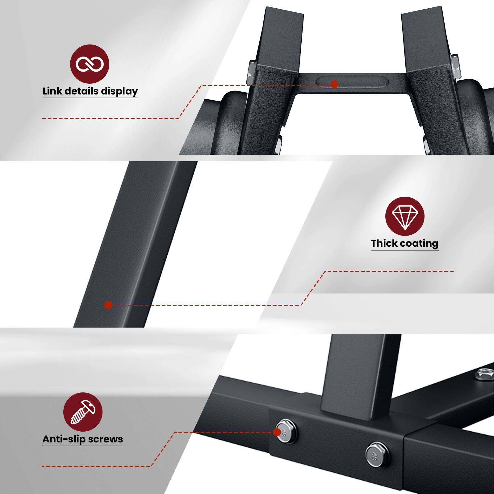 - Link details display
- Thick coating
- Anti-slip screws
