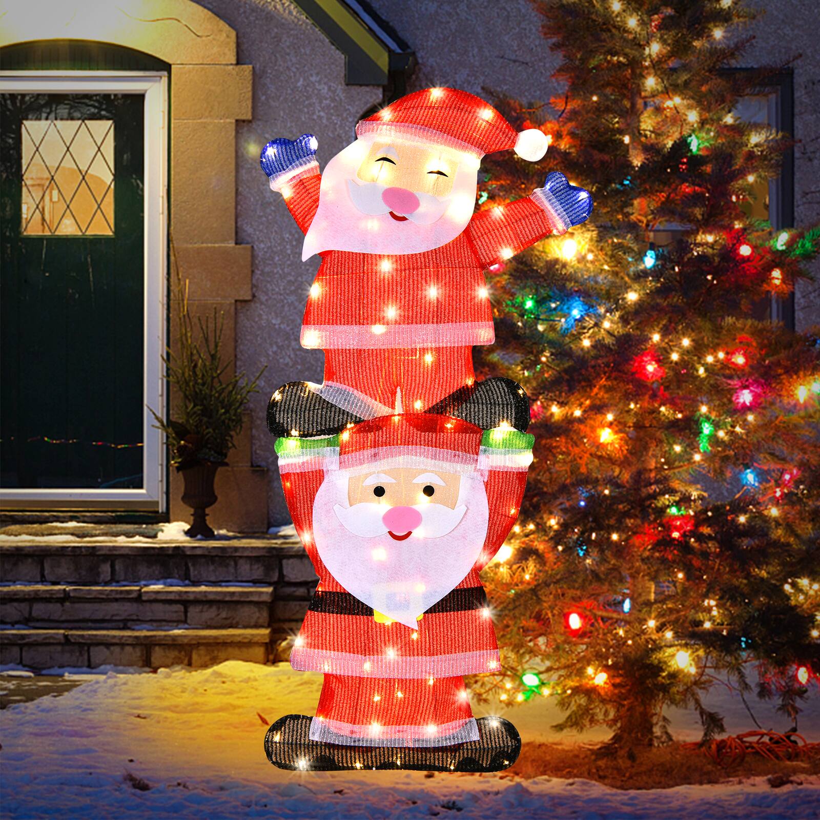 Alt View 4. Costway - Christmas Outdoor LED Double Santa Yard Sign W/ String Lights & 4 Stakes - Multicolor.