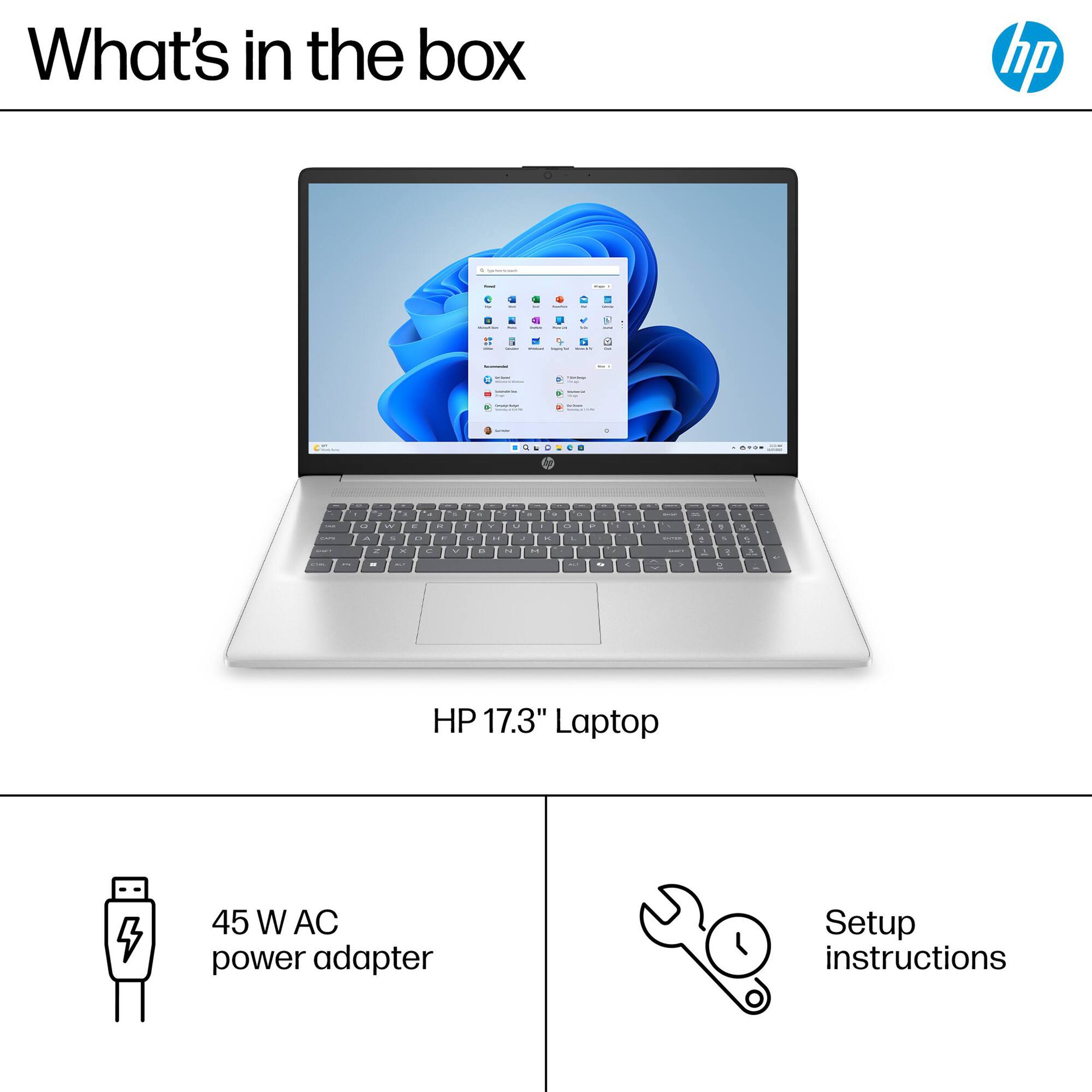 What's in the box

HP 17.3" Laptop

45 W AC power adapter

Setup instructions