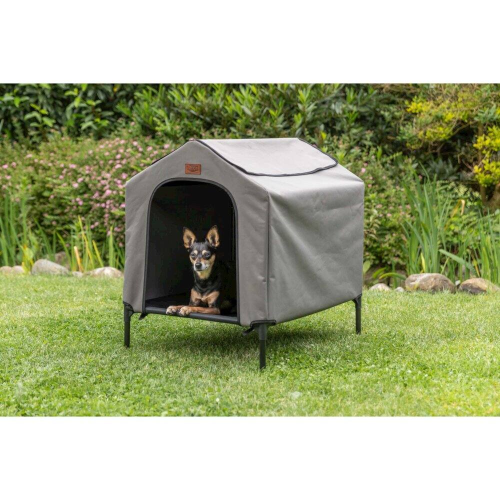 Angle. TRIXIE - 2-in-1 Elevated Portable Dog House or Dog Cot & Tent - Gray.