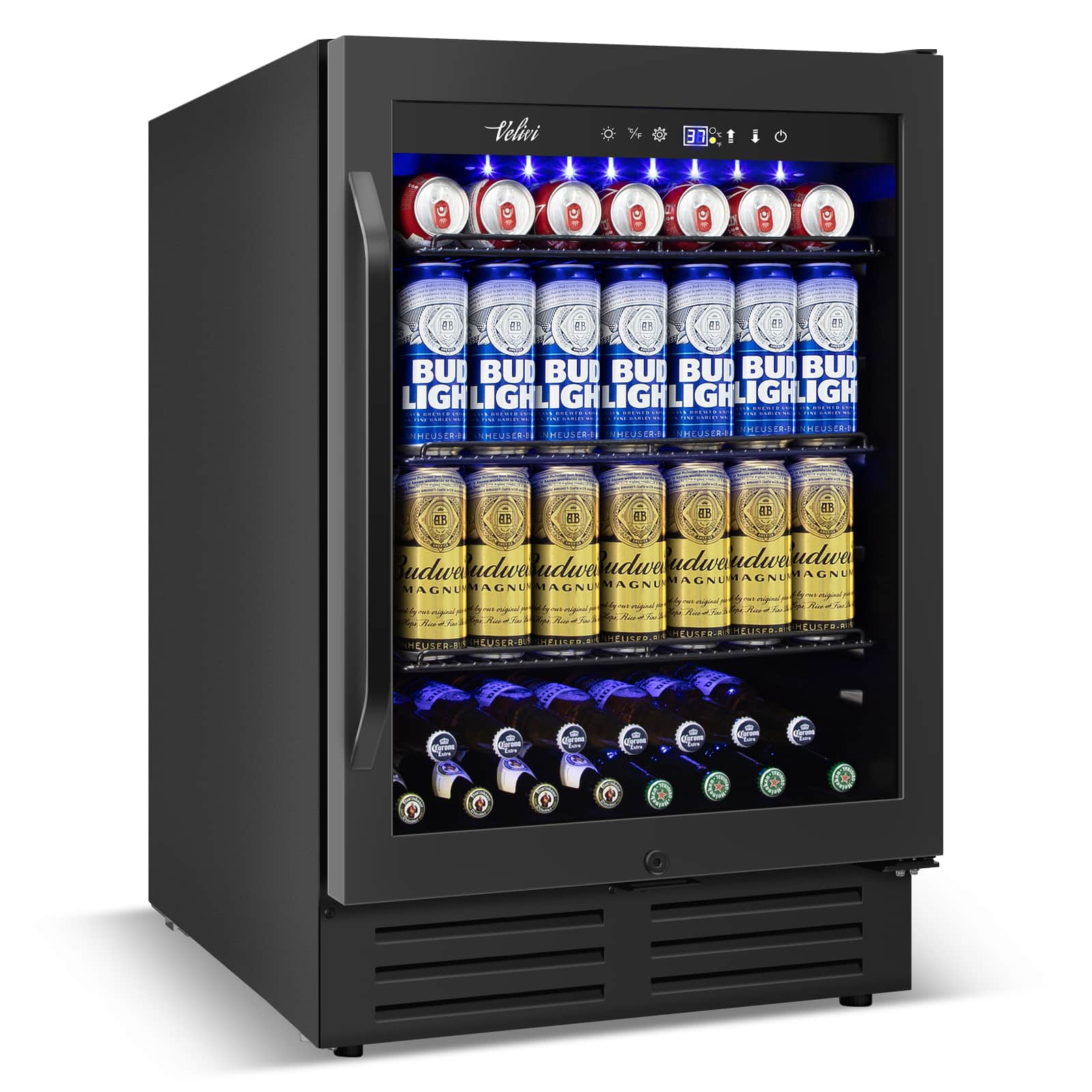 HOOURE - 24 in. 180 (12 oz.) Can Built-in/Freestanding Beverage Cooler Fridge with Adjustable Shelves - Black