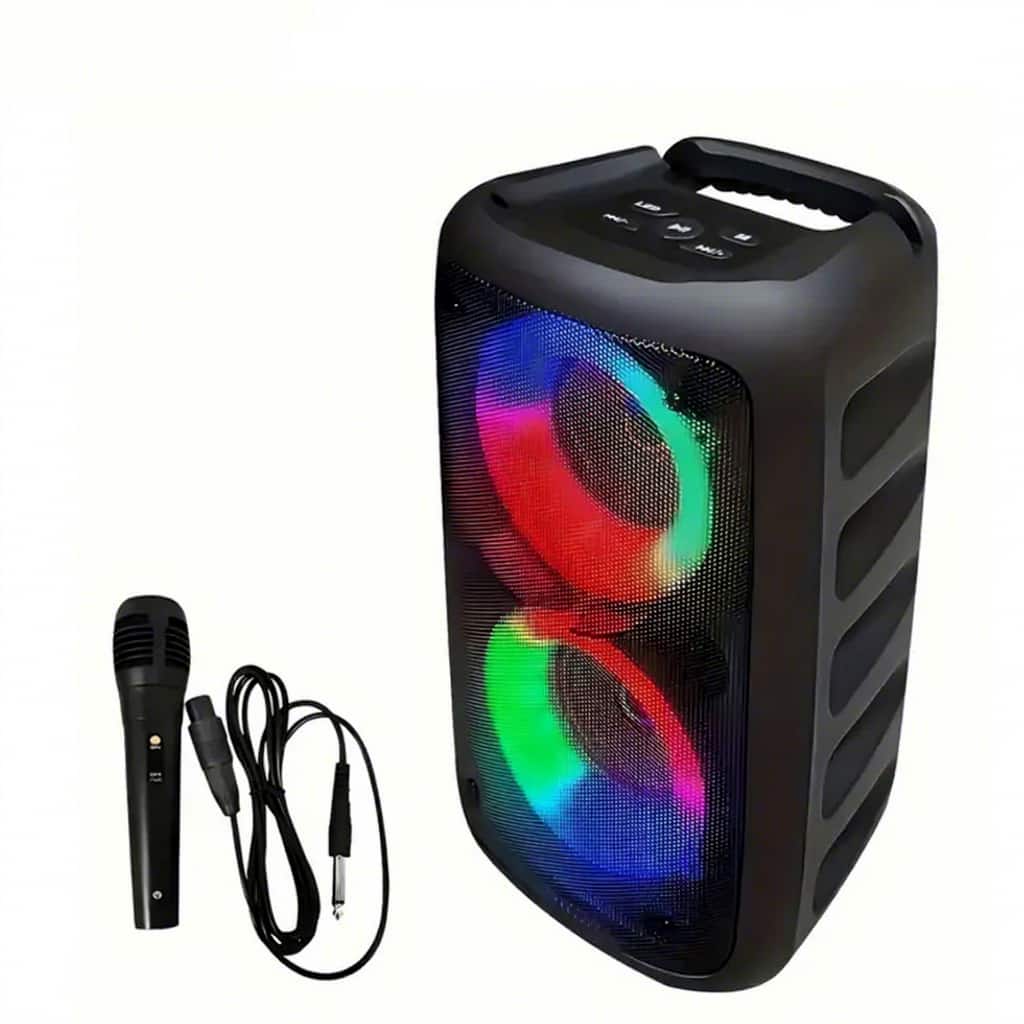 PRIMEPLUS - Portable Karaoke Machine, Party Speaker with Microphones, Wireless Bluetooth Speaker with Lights Support TF - Black