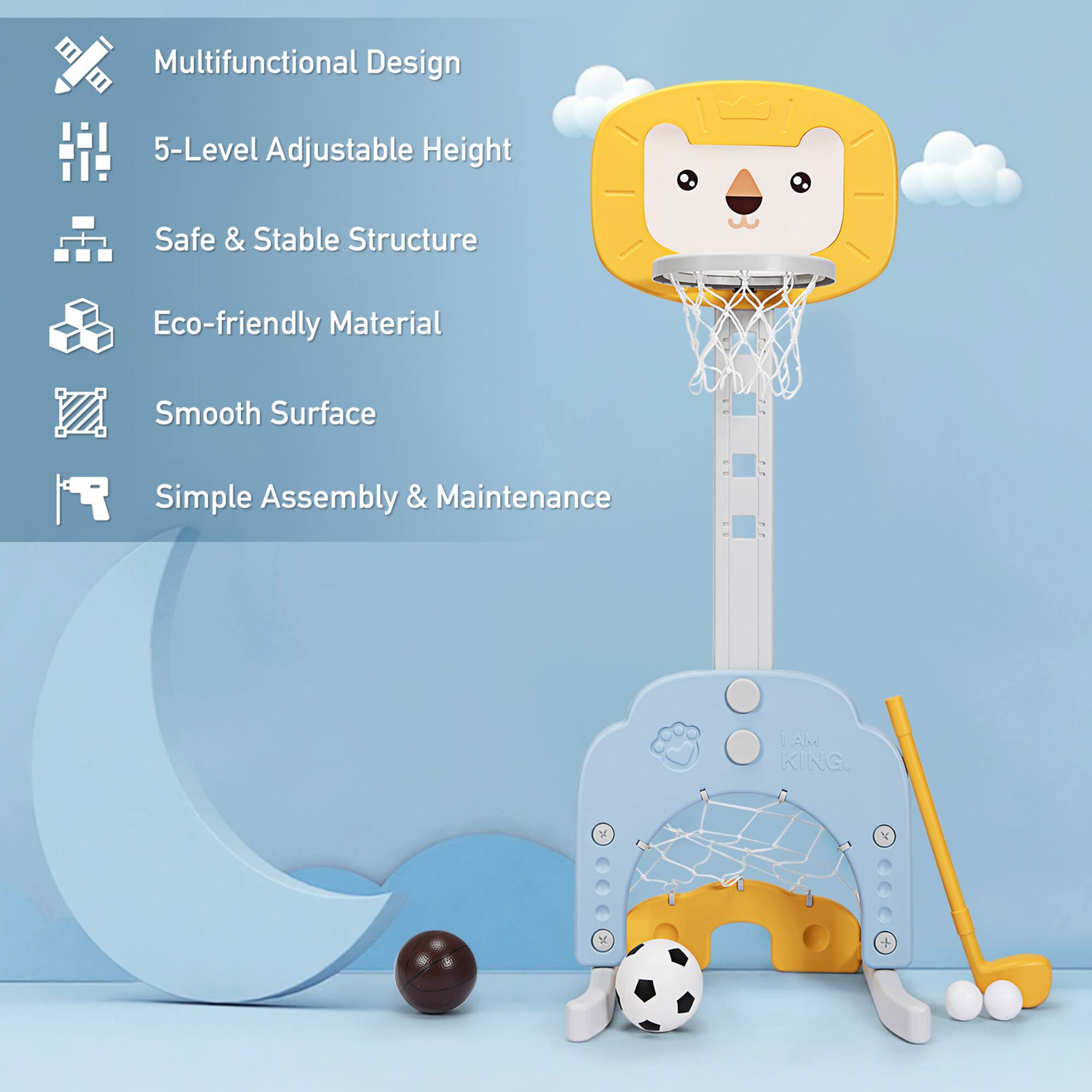 Multifunctional Design, 5-Level Adjustable Height, Safe & Stable Structure, Eco-friendly Material, Smooth Surface, Simple Assembly & Maintenance. I AM KING. V y 