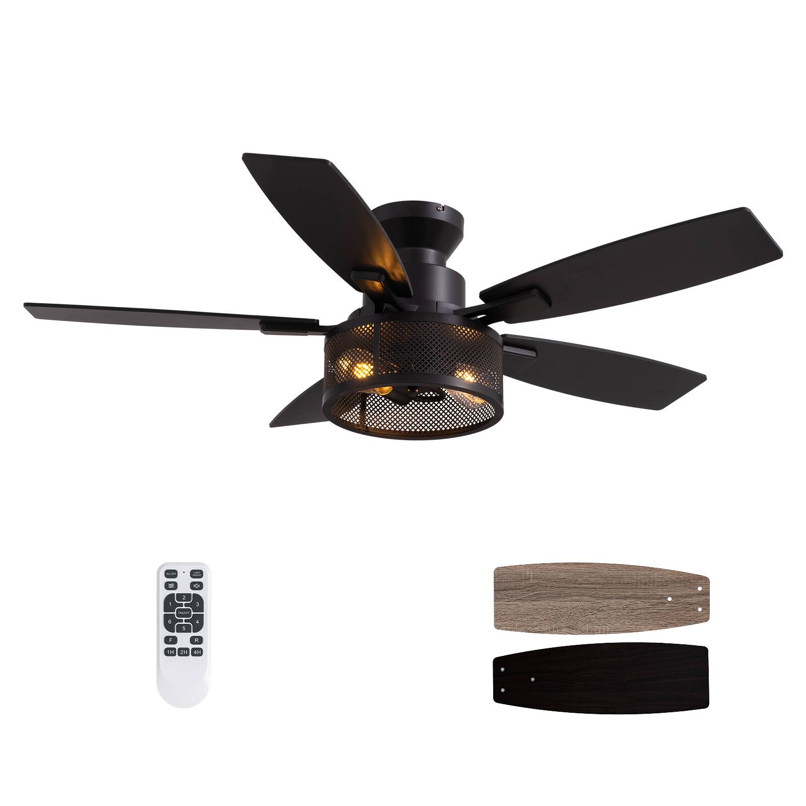 Alt View 9. Siljoy - 46 Inch Farmhouse Flush Mount Black Caged Ceiling Fans with Lights and Remote for Living Room Patio Indoor and Outdoor - Black.