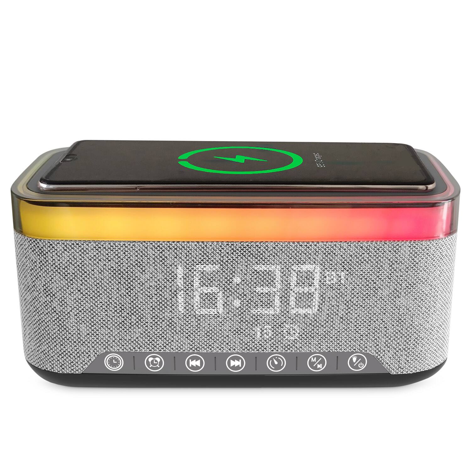Angle. Alpha Digital - 10W Bluetooth Stereo Speaker-Alarm Clock, Wireless Charging, RGB light - Gray.