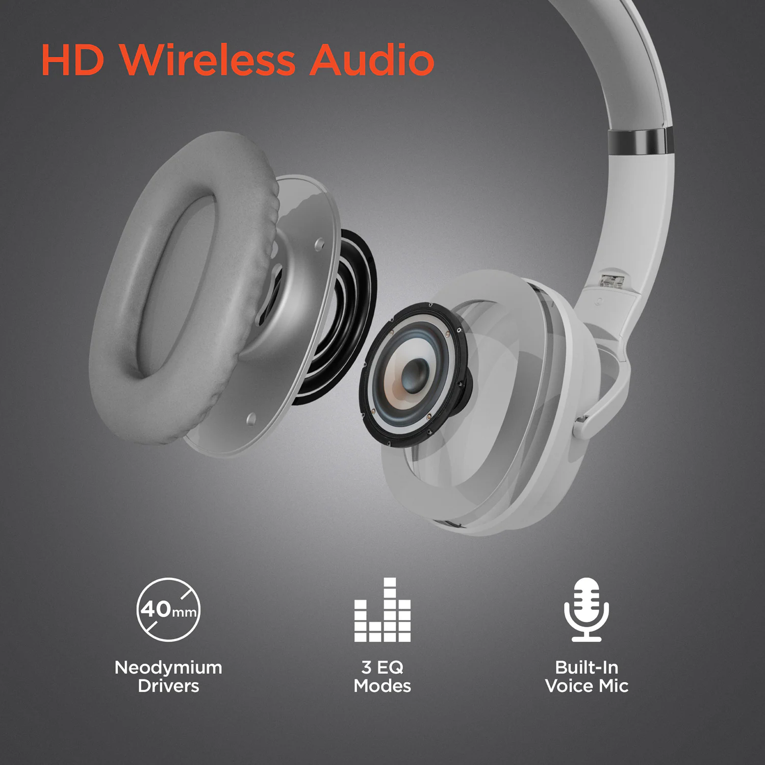 HD Wireless Audio

40mm Neodymium Drivers

3 EQ Modes

Built-In Voice Mic