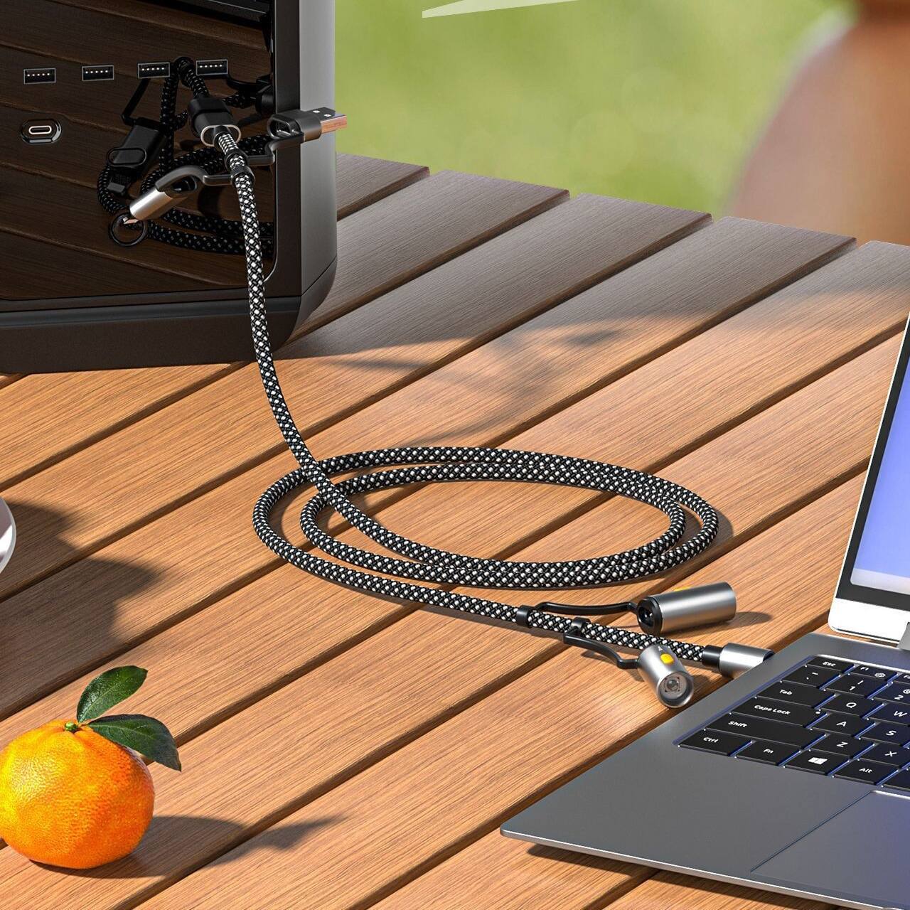Left. Topteng - 240W 6-in-1 Rugged Charging Cable - with Windproof Arc Lighter, Emergency Light & Fast Charge - Black.
