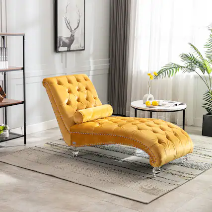 Front. Trinkets Crazed - Velvet Indoor Chaise Lounge Chair with Toss Pillow, Upholstered Modern Tufted Button Lounge Chair with Acrylic Legs - Mustard.