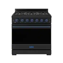 36 in. Wide 6 Burner Gordon Ramsay Series by Thor Kitchen 6.0 Cu. Ft Freestanding Gas Range with Navy Blue Hardware - Black