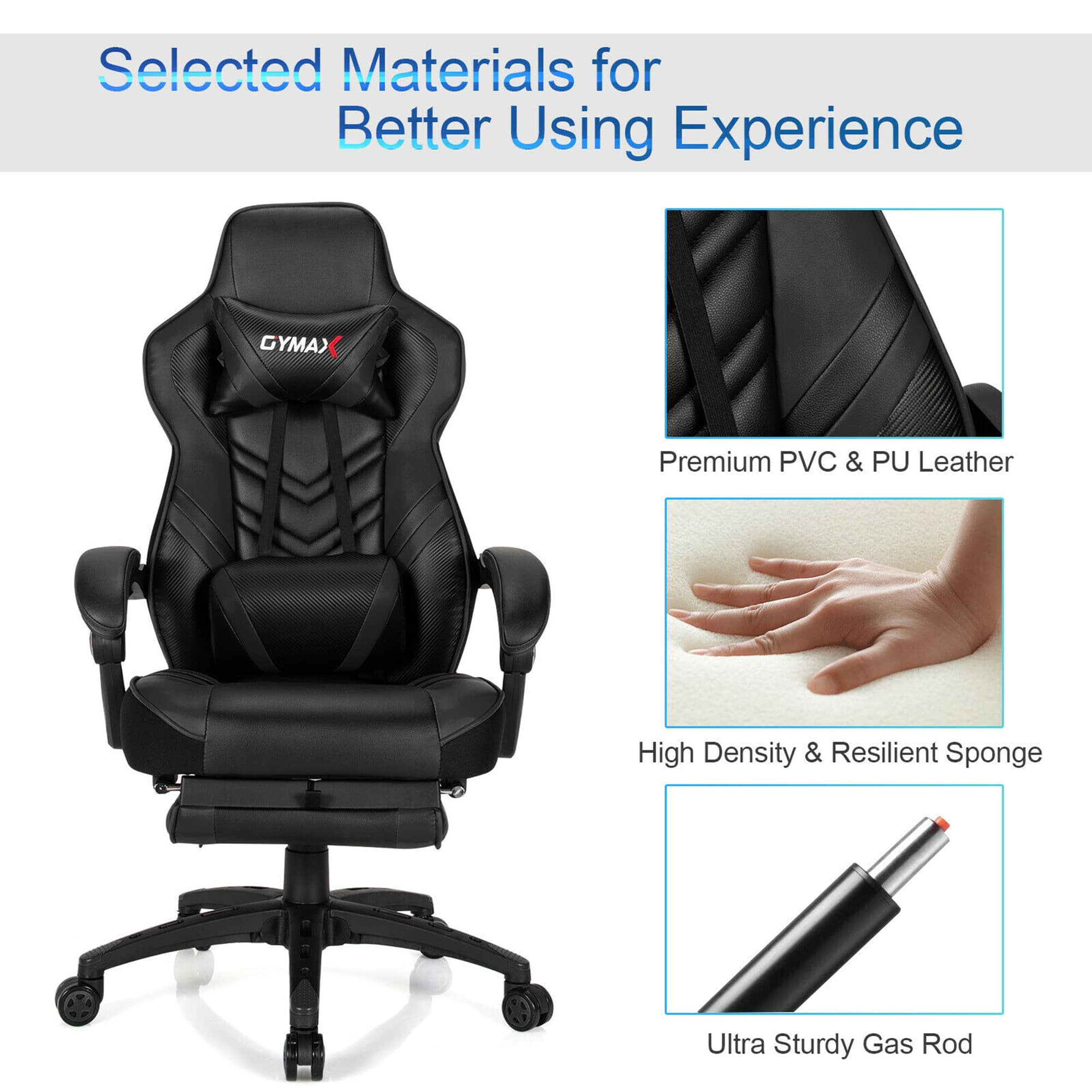 Selected Materials for Better Using Experience: GYMAX Premium PVC & PU Leather, High Density & Resilient Sponge, Ultra Sturdy Gas Rod.
