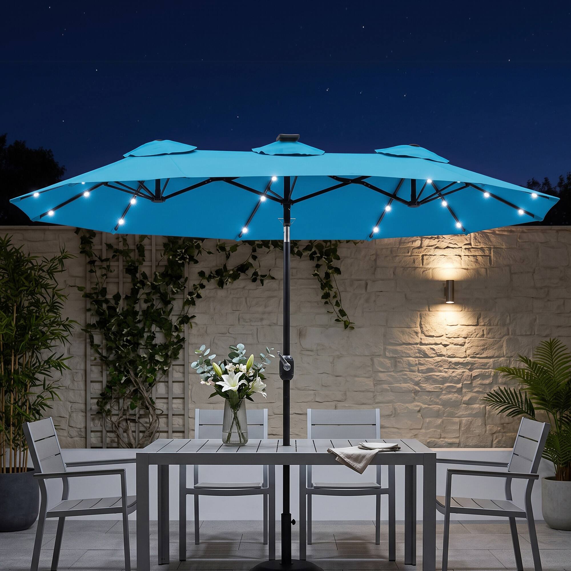 Alt View 1. Outsunny - Patio Umbrella, 9.7' Outdoor Umbrella with Tilt and Crank, LED Solar Light and 12 Ribs - Light Blue.