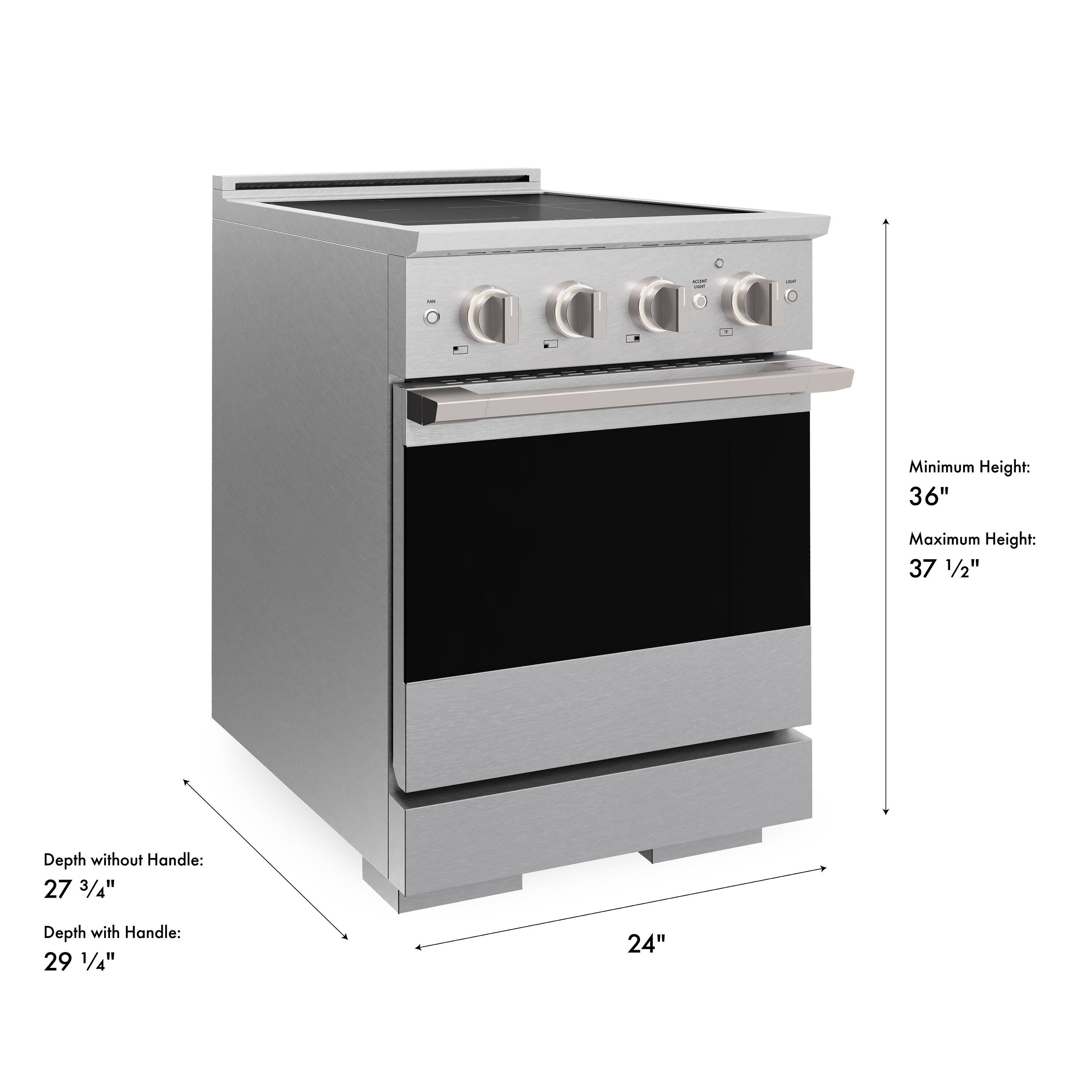 Minimum Height: 36"  
Maximum Height: 37 1/2"  
Depth without Handle: 27 3/4"  
Depth with Handle: 29 1/4"  
24"