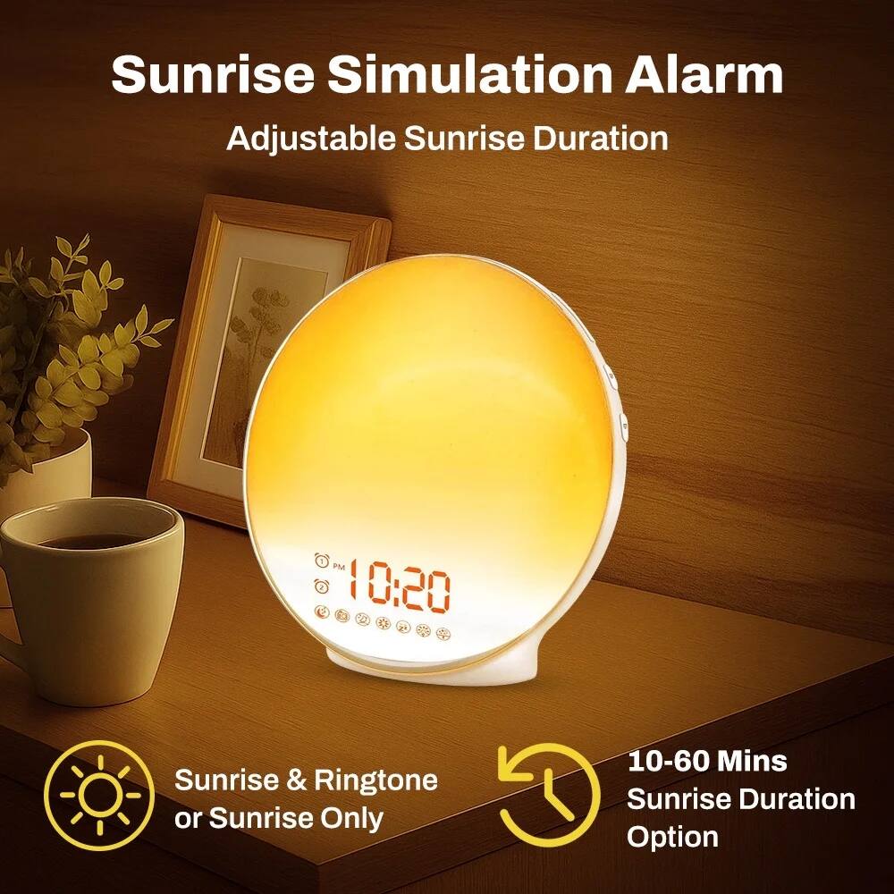 Sunrise Simulation Alarm  
Adjustable Sunrise Duration  

PM 10:20  

Sunrise & Ringtone or Sunrise Only  

10-60 Mins Sunrise Duration Option