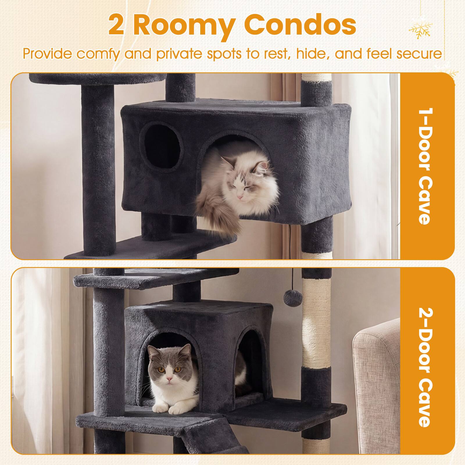 2 Roomy Condos  
Provide comfy and private spots to rest, hide, and feel secure  

1-Door Cave  
2-Door Cave