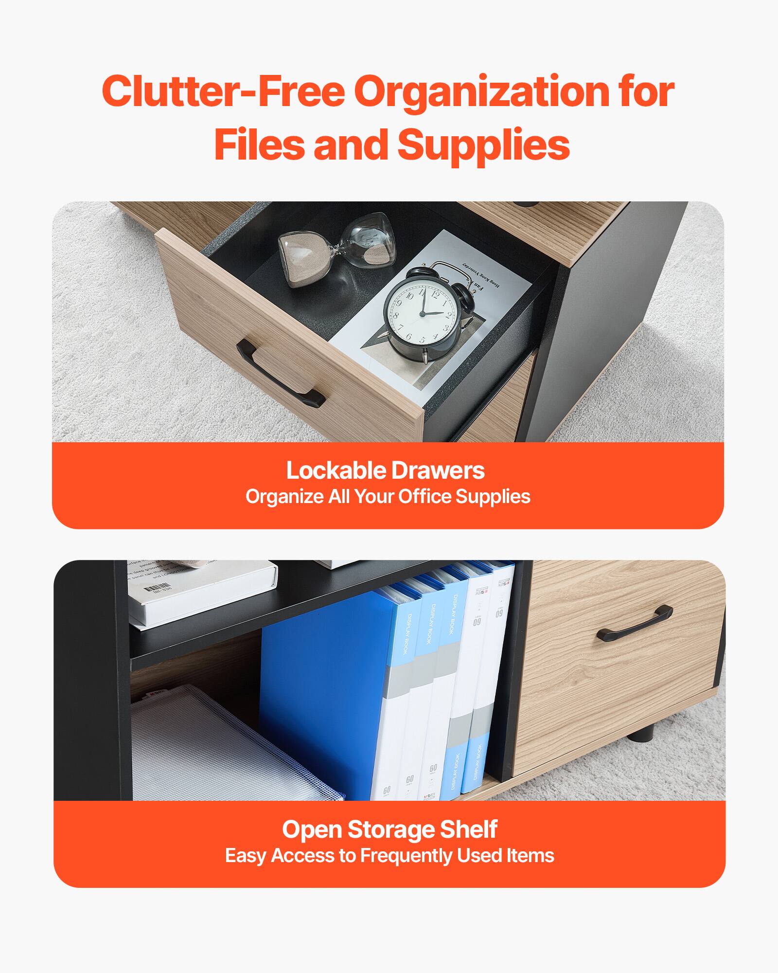 Clutter-Free Organization for Files and Supplies

Lockable Drawers
Organize All Your Office Supplies

Open Storage Shelf
Easy Access to Frequently Used Items