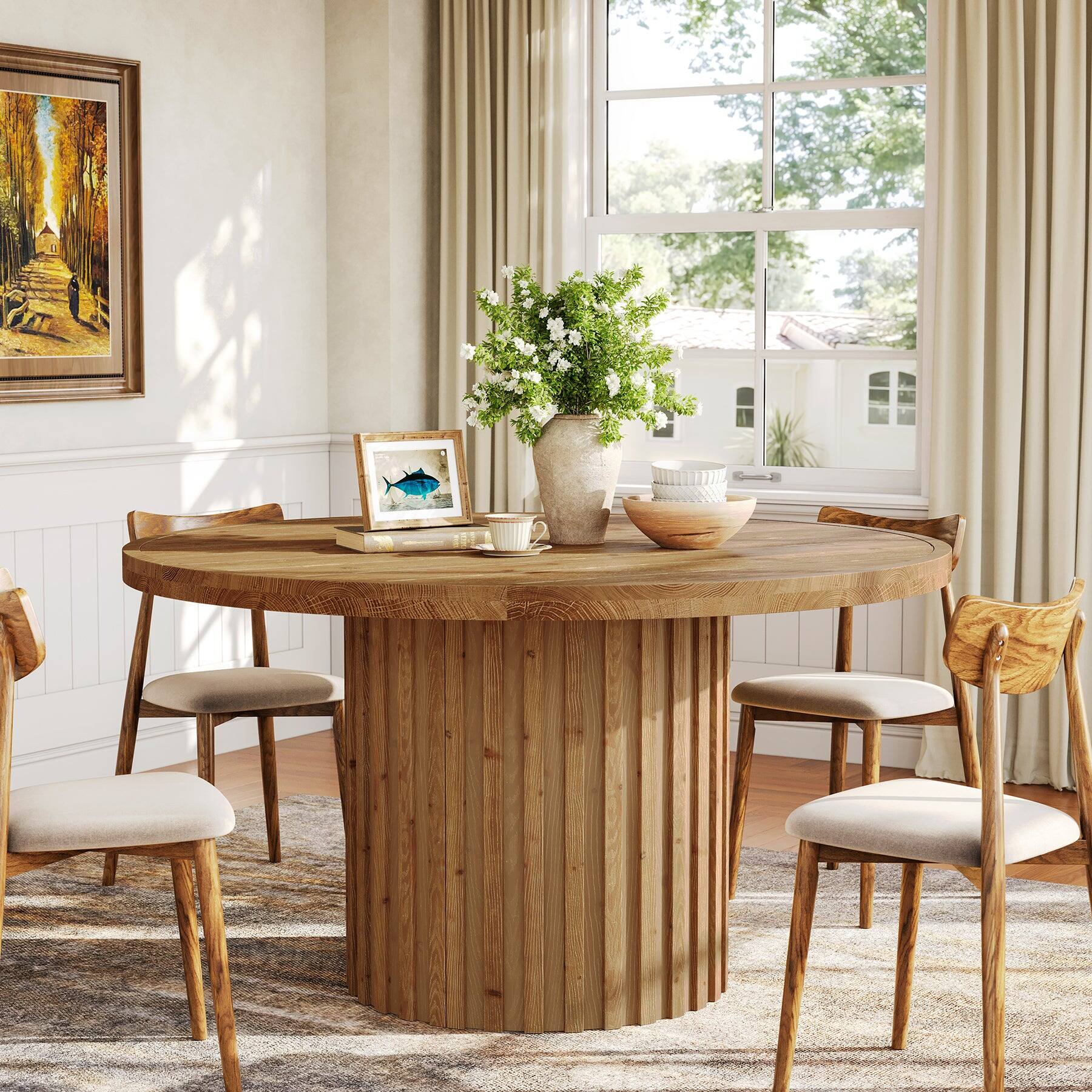 Tribesigns Solid Wood Dining Table with Fluted Design, Wood Grain ...