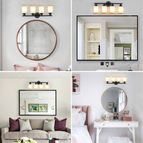 Left. LUCKY ONE - 24in Wall Mount Vanity Light, 4-Light Black Iron Sconce with Frosted White Glass Shades - Black.