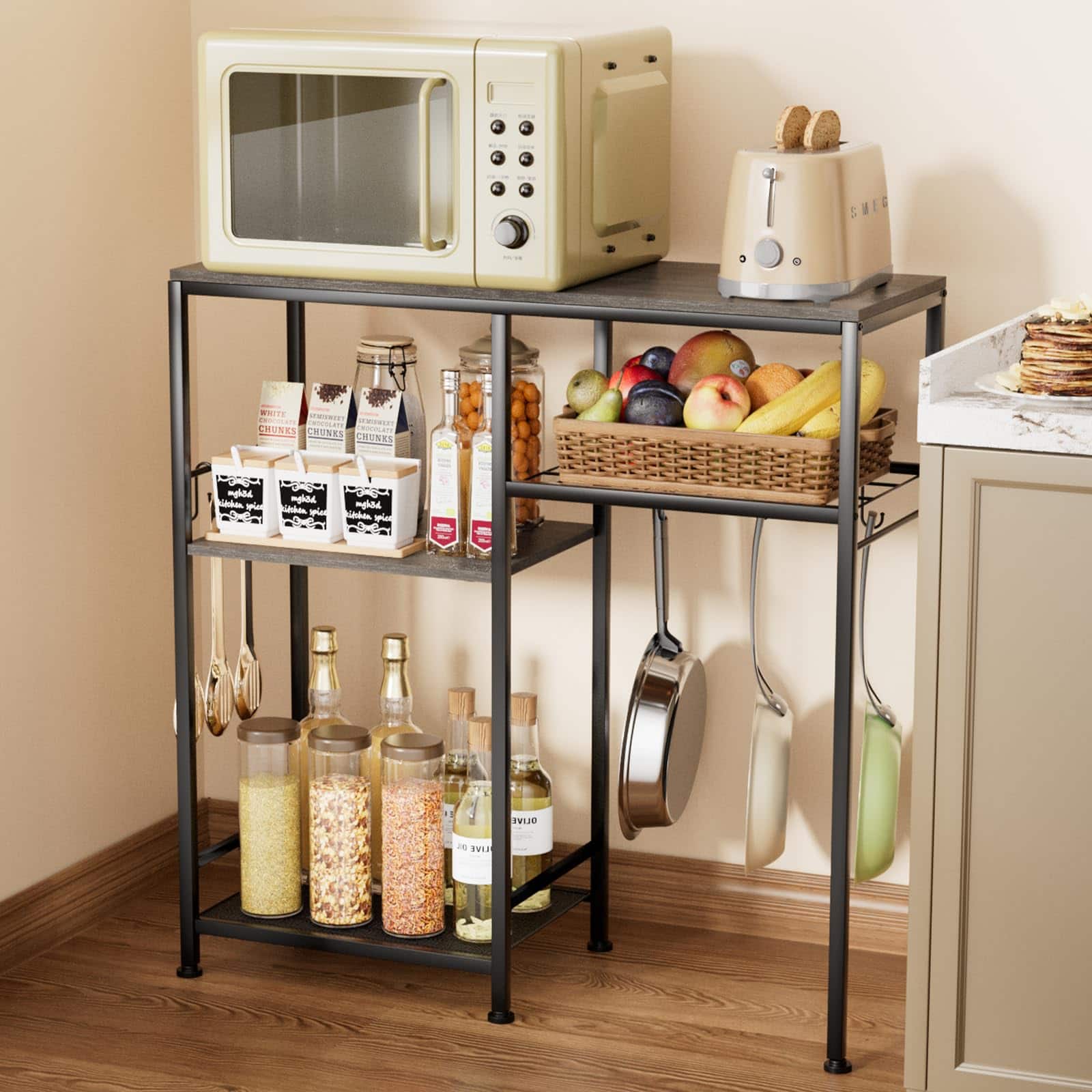 Cedar Assembly - Consumest Microwave Stand, Adjustable Coffee Bar Cabinet, Multifunctional Pan Organizer with 6 Hooks and 3 - Grey+black