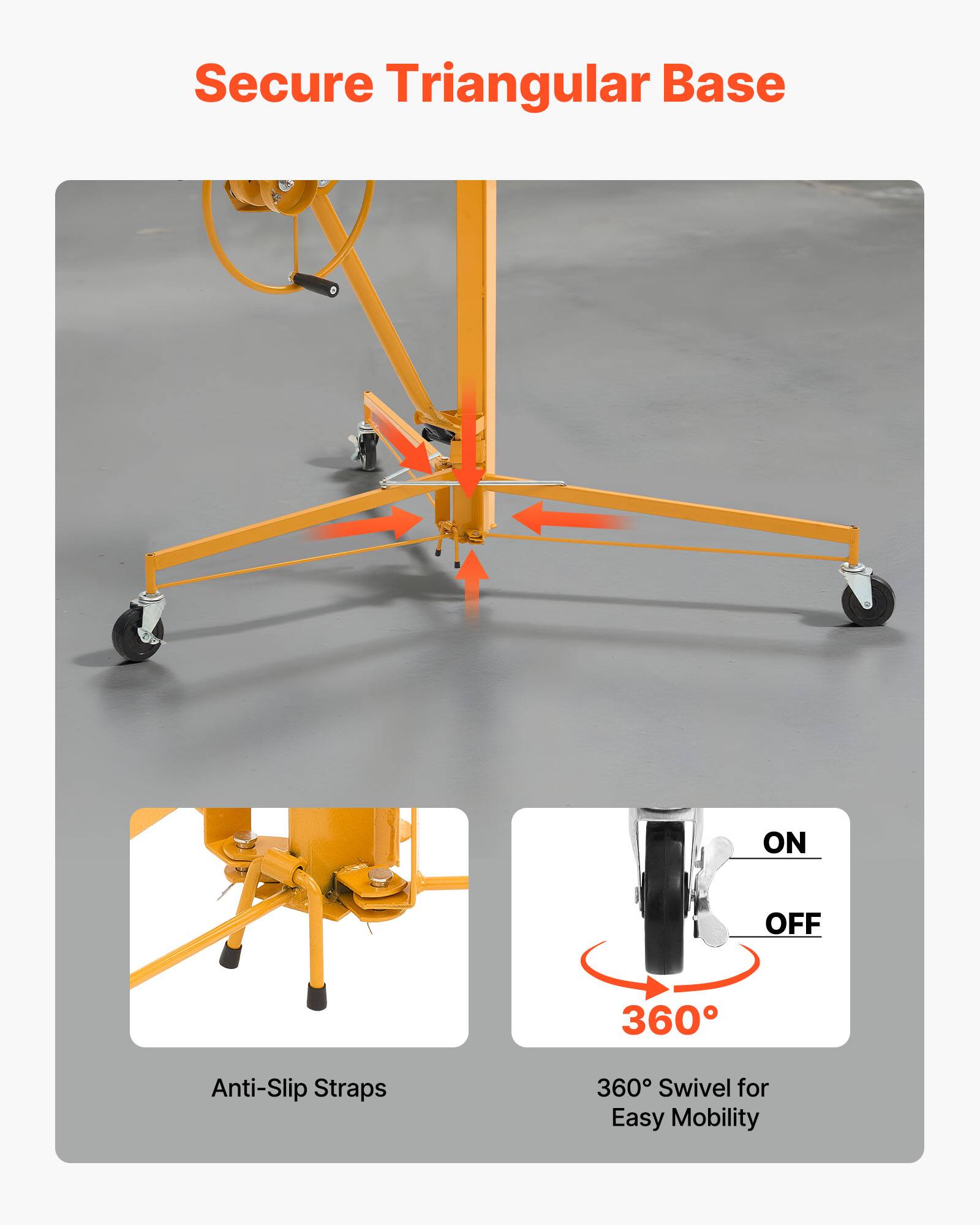 Secure Triangular Base

Anti-Slip Straps

360° Swivel for Easy Mobility

ON OFF