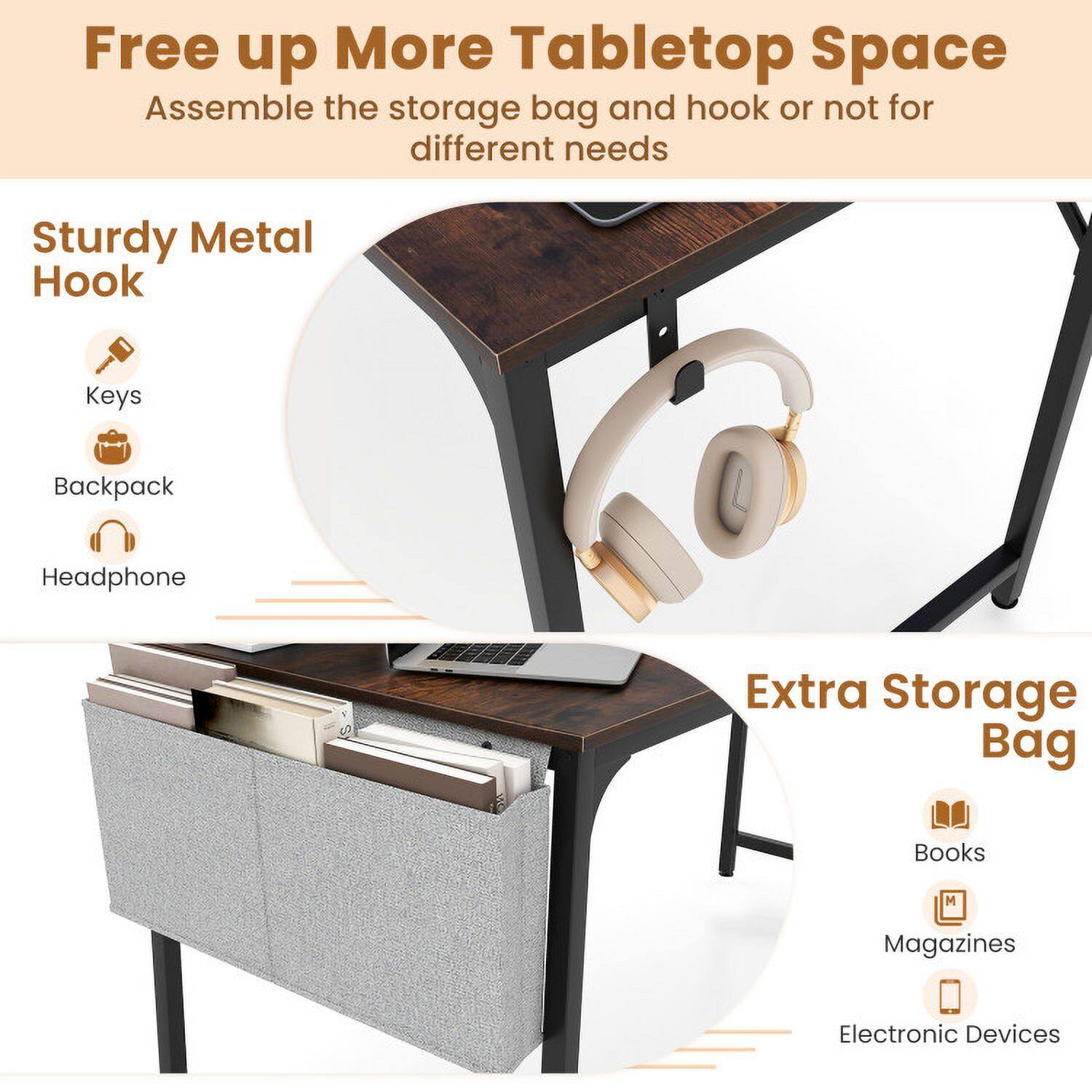 Free up More Tabletop Space  
Assemble the storage bag and hook or not for different needs  

Sturdy Metal Hook  
- Keys  
- Backpack  
- Headphone  

Extra Storage Bag  
- Books  
- Magazines  
- Electronic Devices