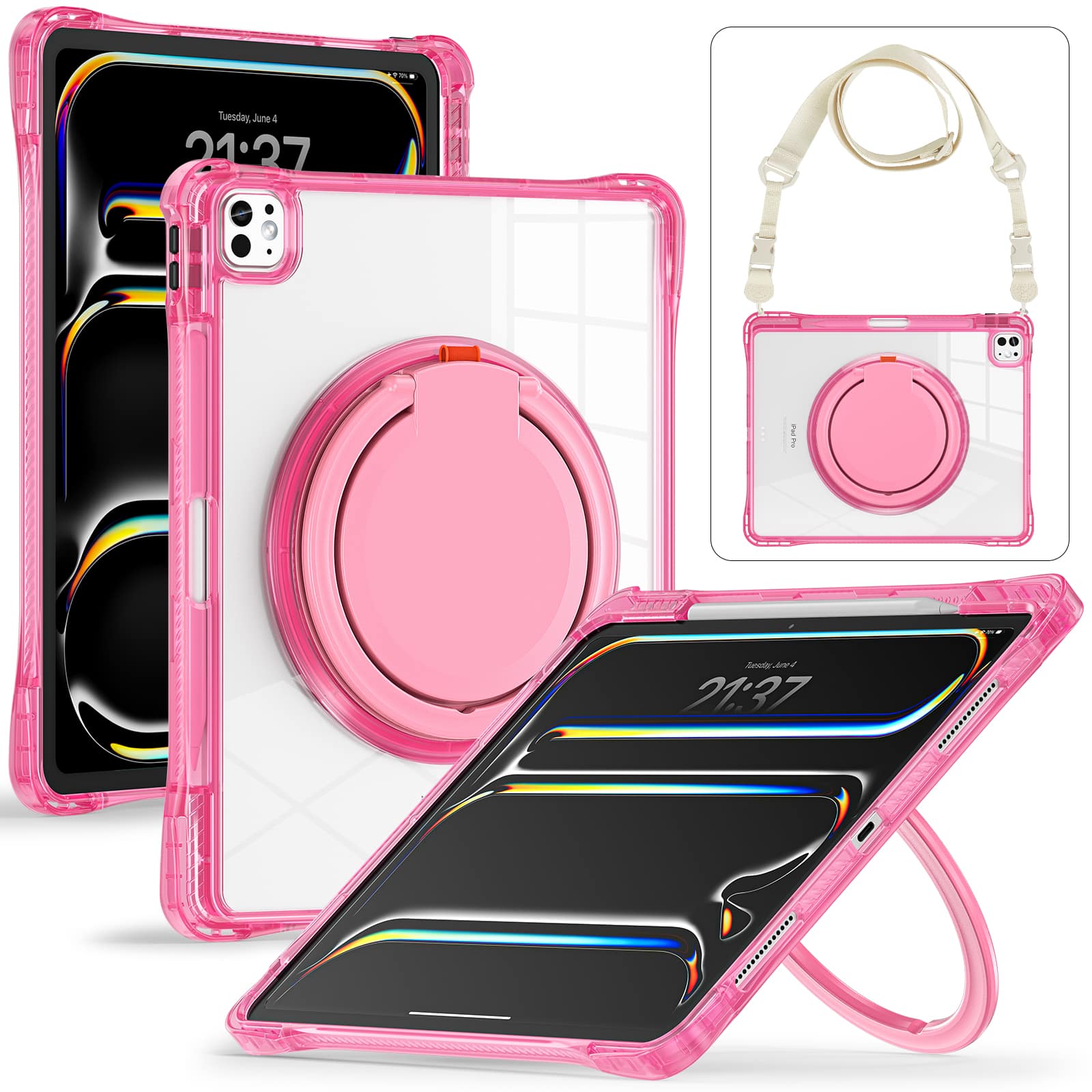 Dteck - For Apple iPad Pro (M5) 13" 2025 & (M4) 2024 Case,Clear Rugged Shockproof Cover w/ 360° Kickstand Handle+Shoulder Strap - Rose