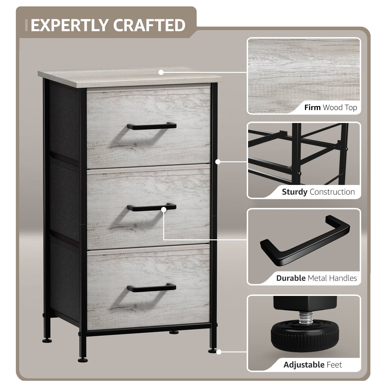 EXPERTLY CRAFTED

- Firm Wood Top
- Sturdy Construction
- Durable Metal Handles
- Adjustable Feet
