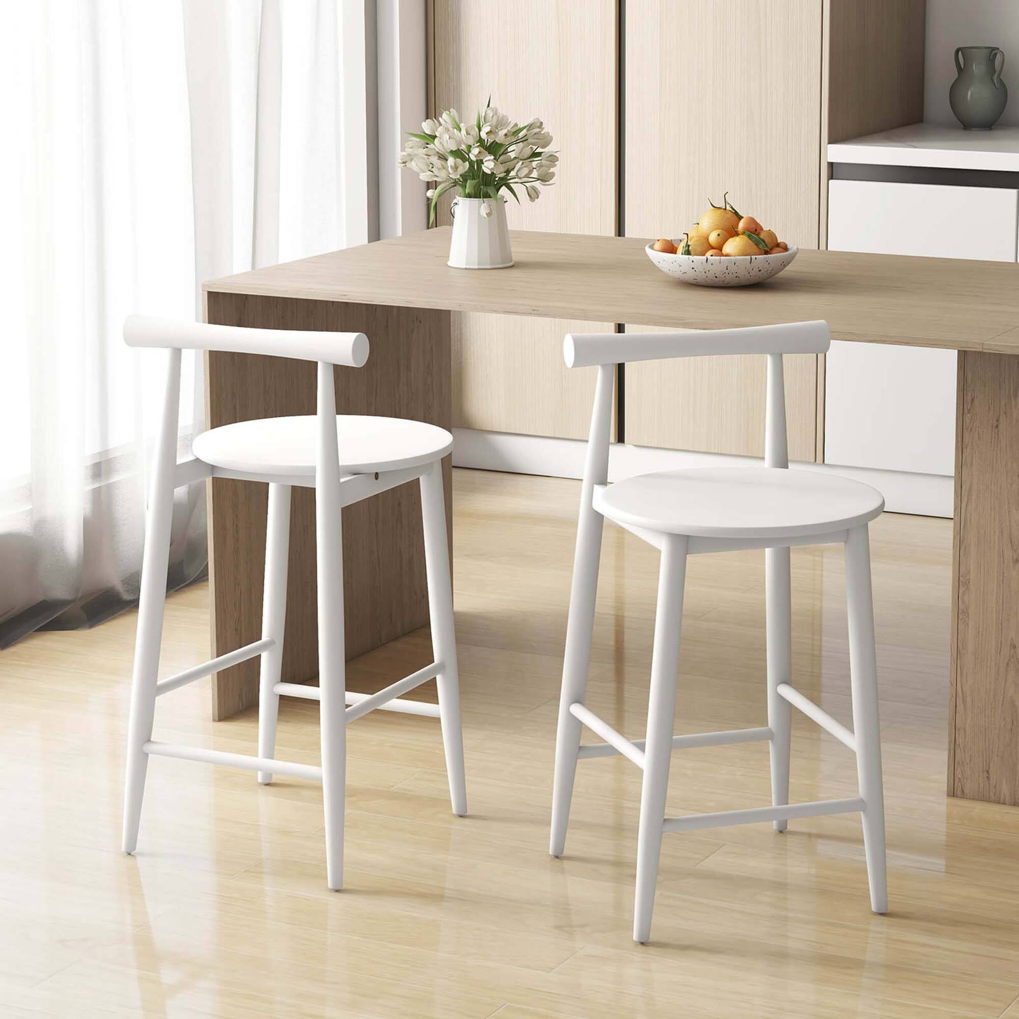 Angle. Costway - Bar Chair Counter Height Stools Set of 2 with Acacia Wood Frame Supporting Legs - White.