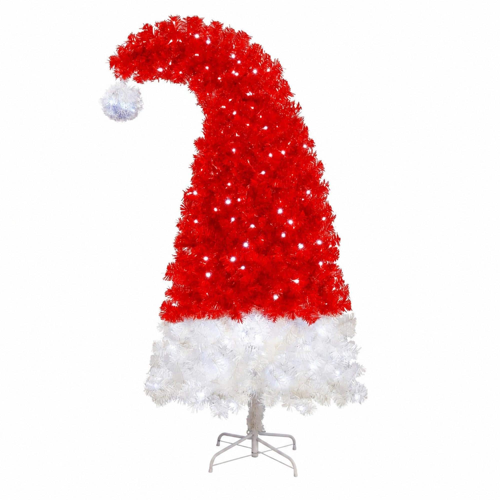 RYHNUYNE - 6FT Whimsical Santa Hat Christmas Tree, 1050 Curved Branch Tips LED Lights Artificial Xmas Tree Holiday Decor - Red,White