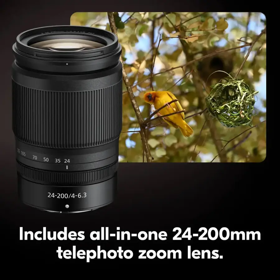 Includes all-in-one 24-200mm telephoto zoom lens.