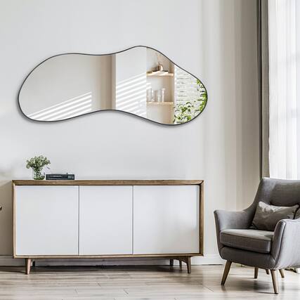 Front. TECH SAFARI - Irregular Wall Mirror Large Asymmetrical Mirrors Shaped Modern Frameless Abstract For Living Room Bathroom - Black Cloud Framed 47.3"L x 20.8"W.