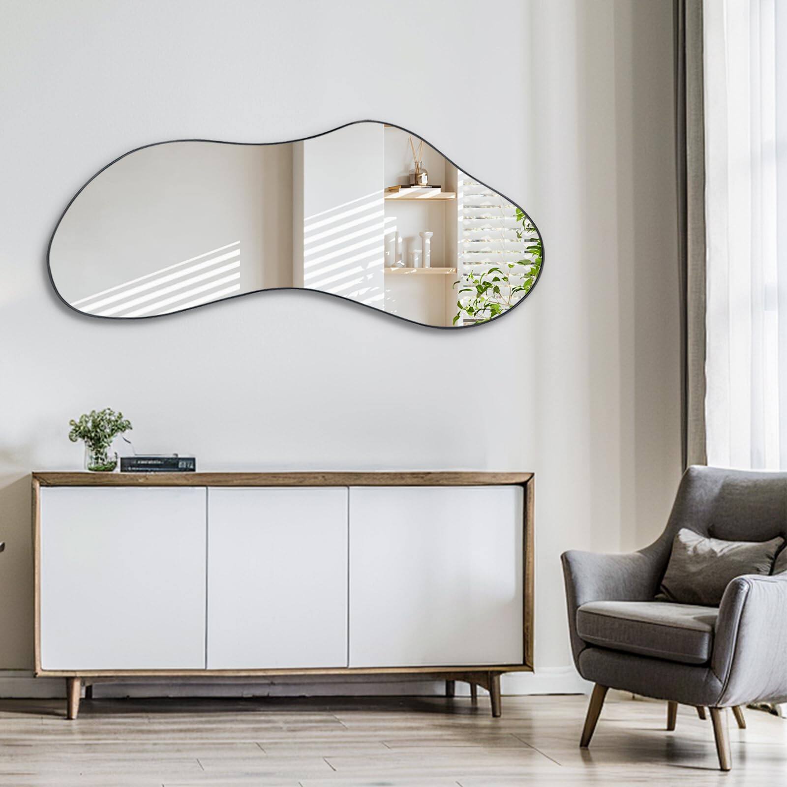 Front. TECH SAFARI - Irregular Wall Mirror Large Asymmetrical Mirrors Shaped Modern Frameless Abstract For Living Room Bathroom - Black Cloud Framed 47.3"L x 20.8"W.