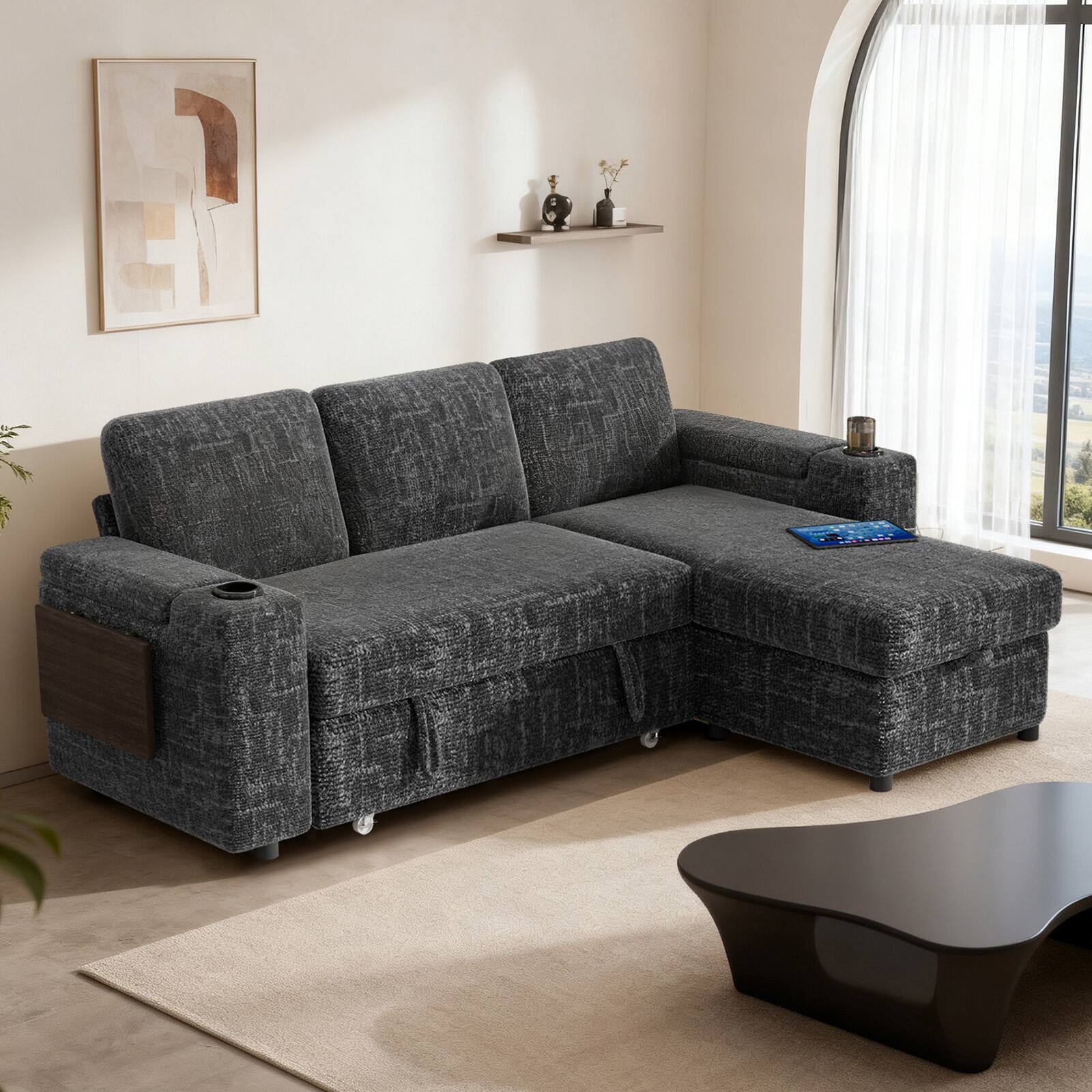 Alt View 3. Dyonery - Dyonery 85" Modular Sectional Sleeper Sofa with Pull Out Bed, 3 Seat L Shaped with Reclining Backrest,Chenille Gray - Gray.