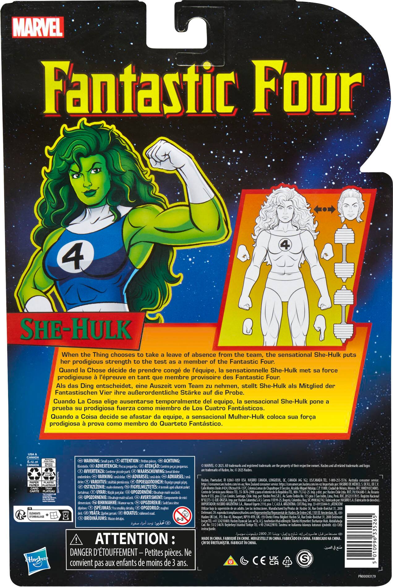 MARVEL Fantastic Four 2 4 SHE-HULK When the Thing chooses to take leave of absence from the team, the sensational She-Hulk puts her prodigious strength to the test member of the Fantastic Four. Quand Chose dcide de prendre cong de l'équipe, la sensationnelle She-Hulk met force prodigieuse l'preuve tant que membre provisoire des Fantastic Four. Als das Ding entscheidet, eine Auszeit vom Team nehmen, stellt She-Hulk als Mitglied der Fantastischen Vier ihre auerordentliche Strke auf die Probe. Cuando La Cosa elige ausentarse temporalmente del equipo, la sensacional She-Hulk pone prueba su prodigiosa fuerza como miembro de Los Cuatro Fantsticos. Quando Coisa decide se afastar da equipe, sensacional Mulher-Hulk coloca sua fora prodigiosa prova como membro do Quarteto Fantstico. CANADA CANADA PLAITEAS PLATEAU ELERINS FENDALAM WARNING: ATTENTION Mrtte ACHTUNG: ATENO: AVVERTENZA: Continne peodie WAARSCHUWING ondindrins VARNING: unddde ADVARSEL ADVARSEL