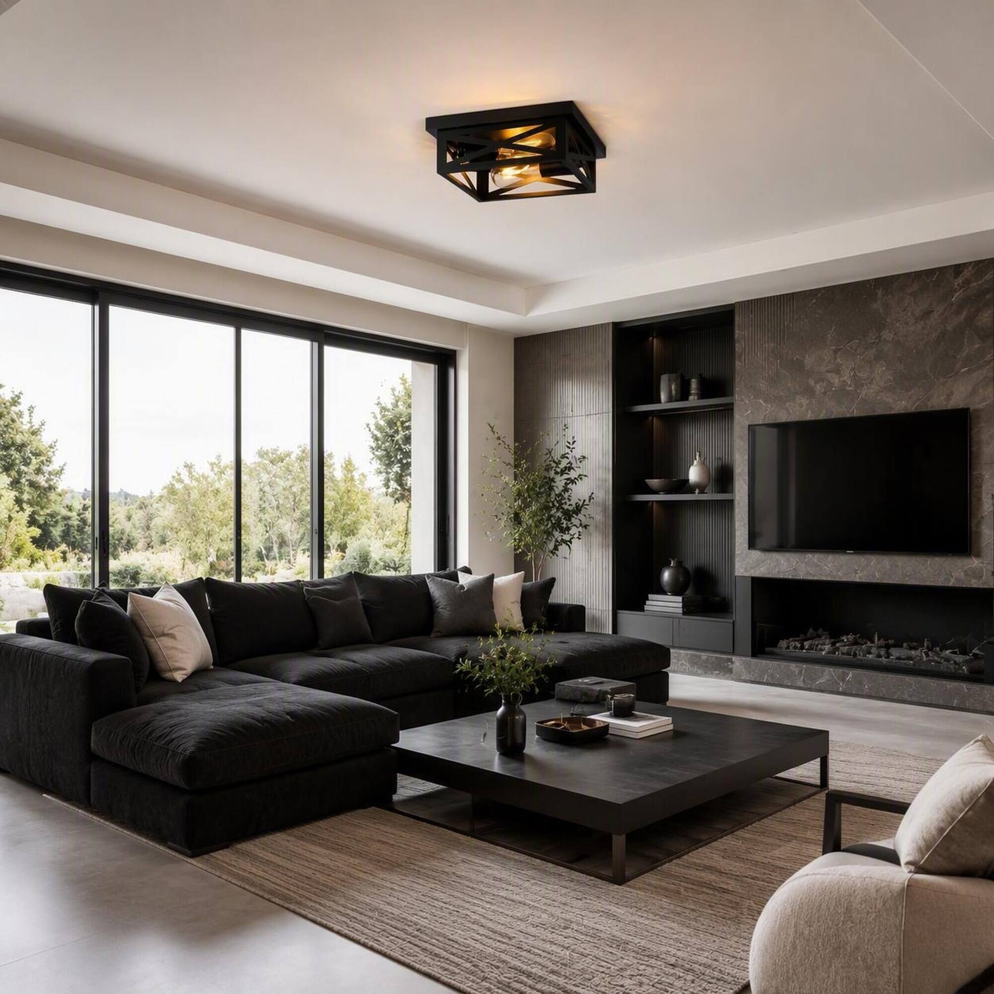 Angle. RYHNUYNE - 2-Pack Matte Black Square Flush Mount Ceiling Light with Industrial Cage Design, 2 E26 Bulbs, Damp-Rated Iron Fixture.