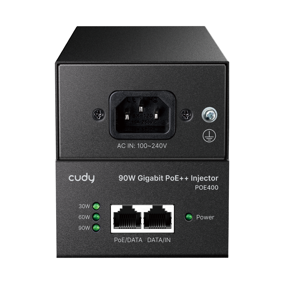 CE CEPPFO  
BX20 P 10A 250V  
AC IN: 100~240V  

cudy  
90W Gigabit PoE++ Injector  
POE400  

30W  
60W  
90W  

PoE/DATA  
DATA/IN  

Power