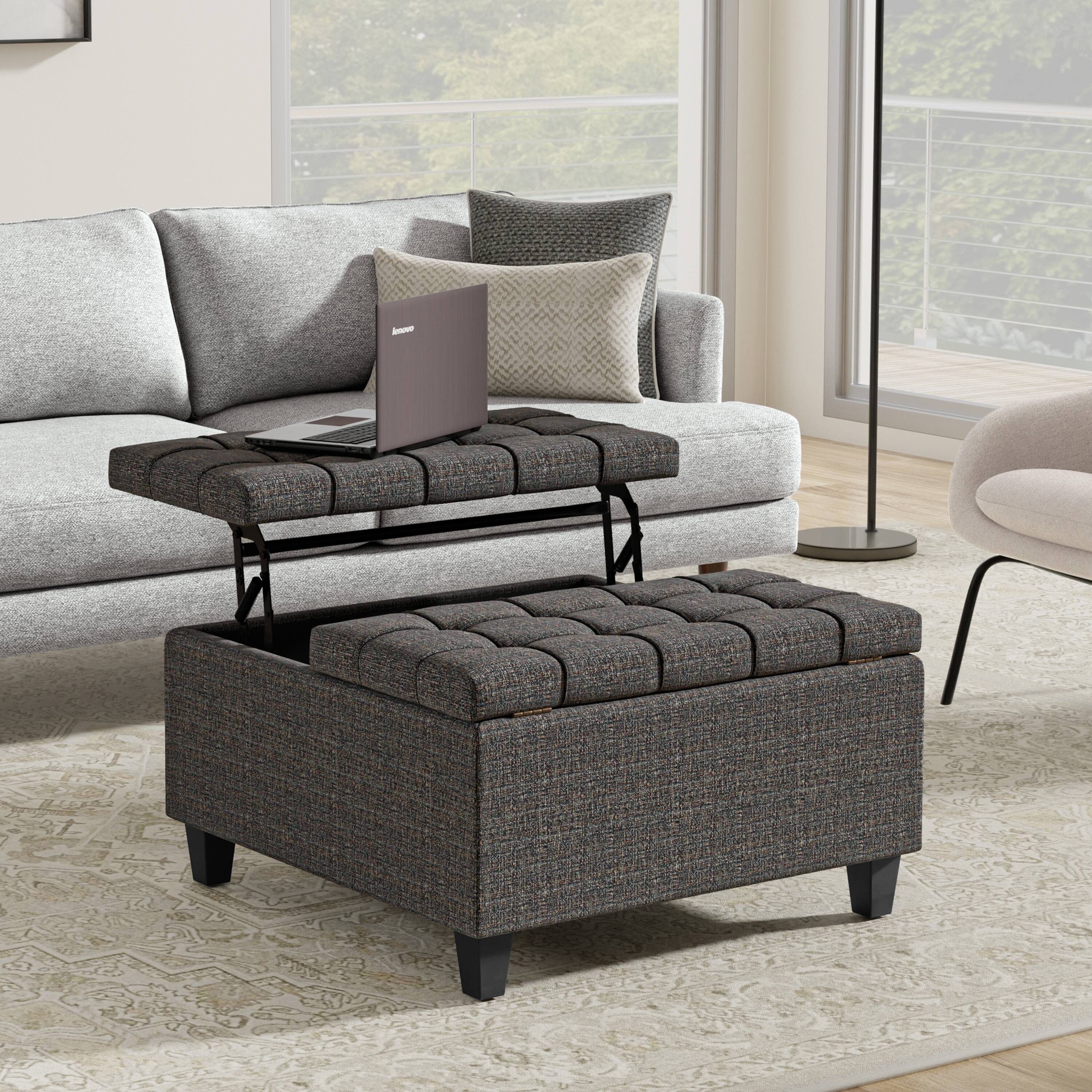 Angle. Simpli Home - Harrison 30 inch Wide Small Square Coffee Table Storage Ottoman in Ebony Polyester Tweed - Ebony Tweed.