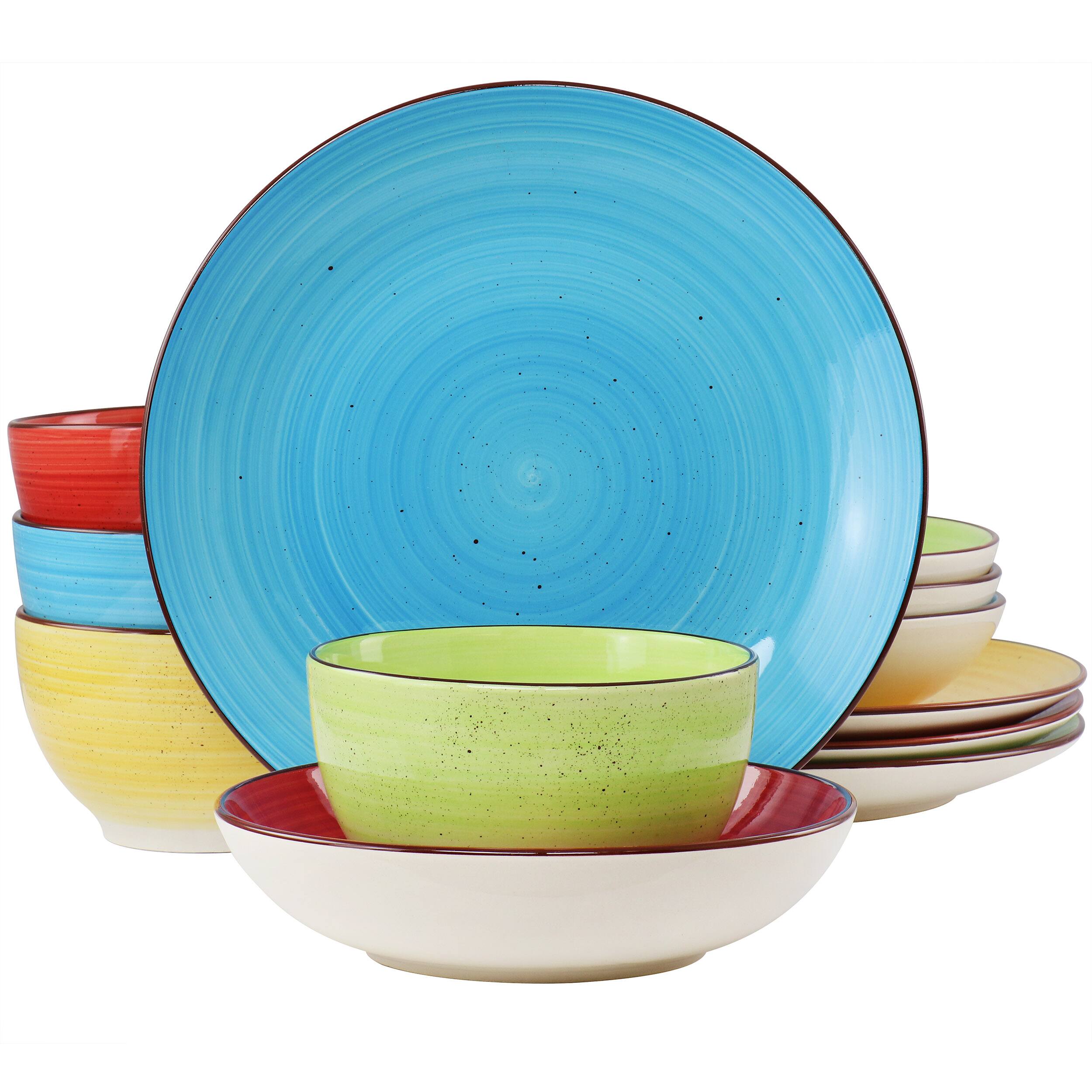 Elama - Mason 12 Piece Double Bowl Stoneware Dinnerware Set in Assorted Colors - Yellow, Turquoise, Lime, Red