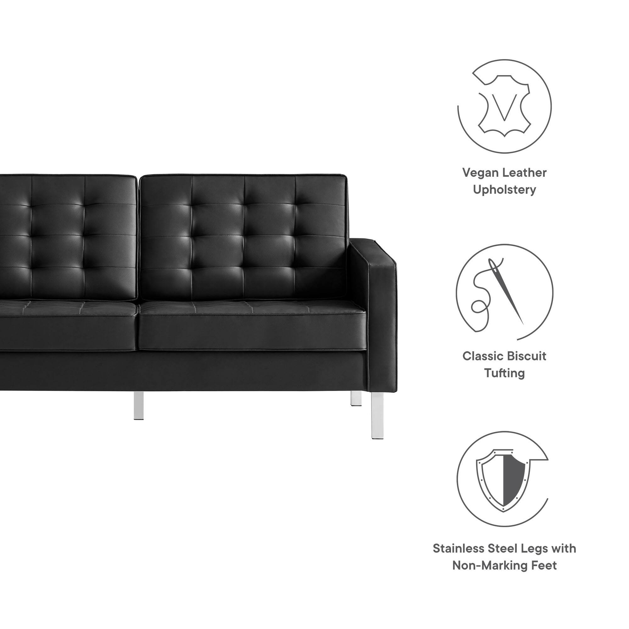 Vegan Leather Upholstery, Classic Biscuit Tufting, Stainless Steel Legs with Non-Marking Feet