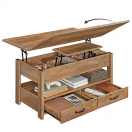 Songmics Home - Lift Top Coffee Table, Center Table with Storage, Gas Spring, 2 Drawers and 3 Hidden Compartments, Open Shelf - Honey Brown