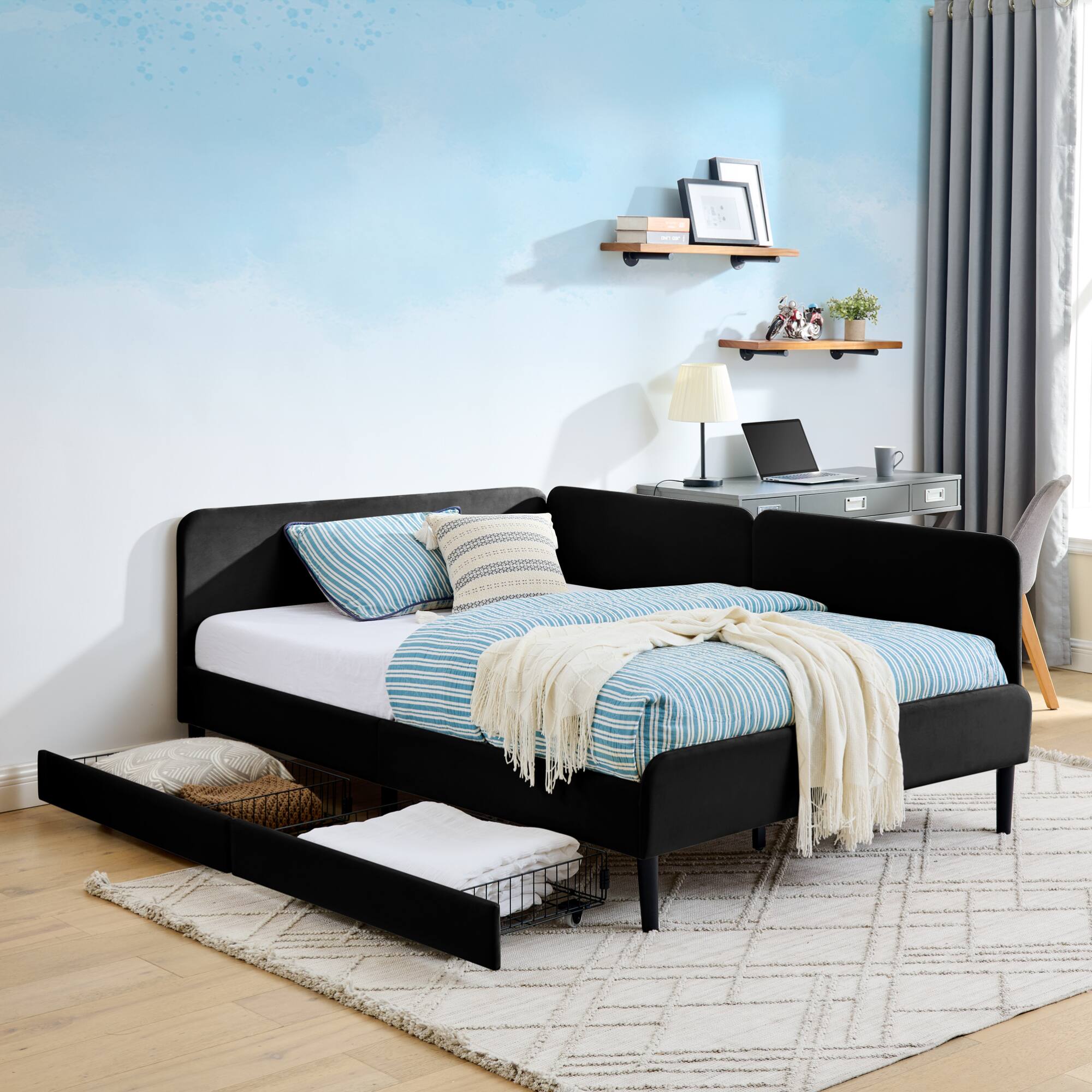 Angle. GOODSILO - Full Size Upholstered Platform Bed Frame with Storage Drawers and Adjustable Sofa Functionality - Black.