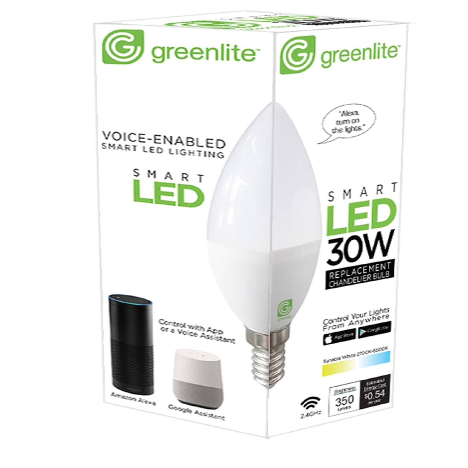 greenlite

VOICE-ENABLED SMART LED LIGHTING

"Alexa, turn on the lights."

SMART LED 30W REPLACEMENT CHANDELIER BULB

Control Your Lights From Anywhere

Amazon Alexa Google Assistant

2.4GHz

350 lumens

$0.54