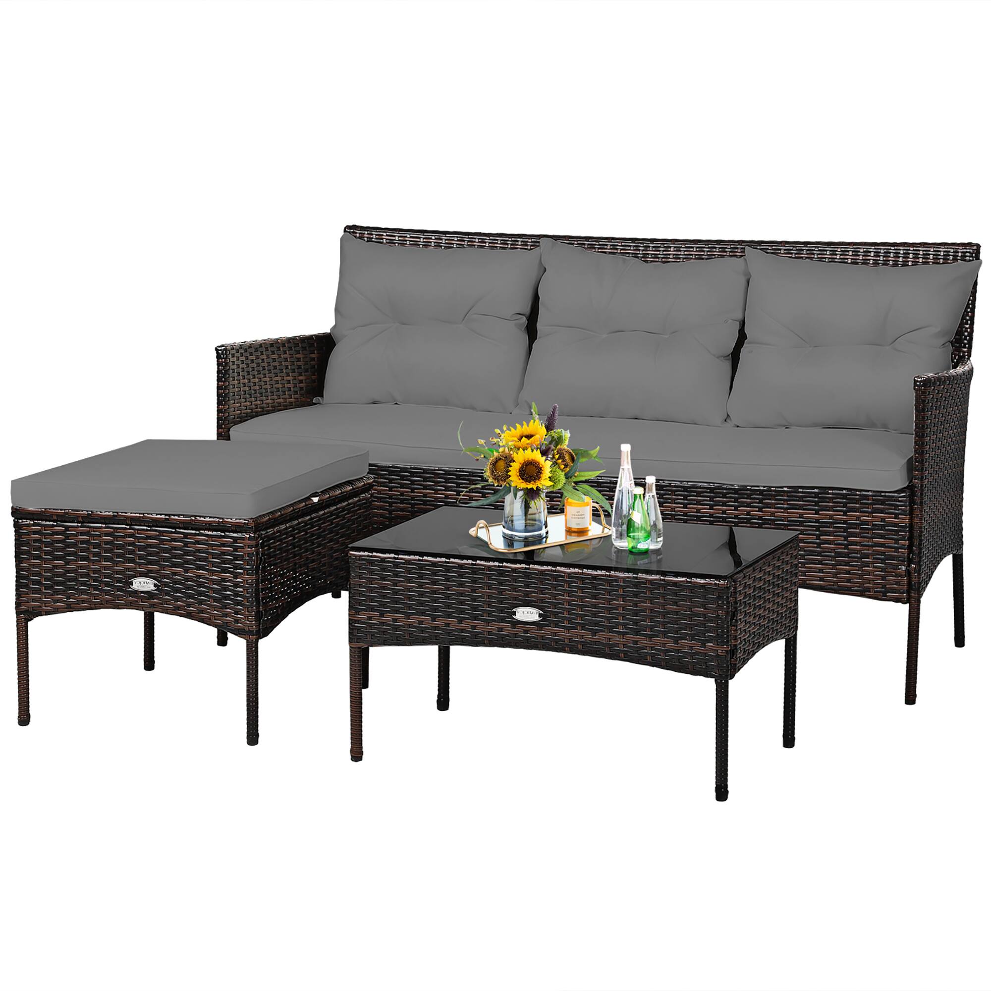 Front. Costway - Costway 3PCS Patio Rattan Furniture Set 3-Seat Sofa Cushioned Table Garden - Gray.