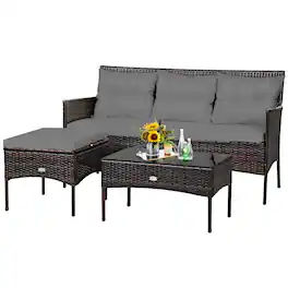 Costway - 3PCS Patio Rattan Furniture Set 3-Seat Sofa Cushioned Table Garden - Gray
