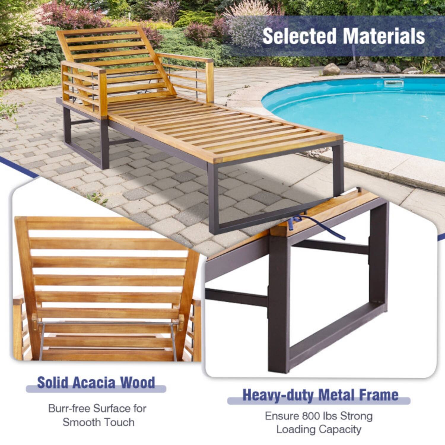 Selected Materials

Solid Acacia Wood  
Burr-free Surface for Smooth Touch

Heavy-duty Metal Frame  
Ensure 800 lbs Strong Loading Capacity