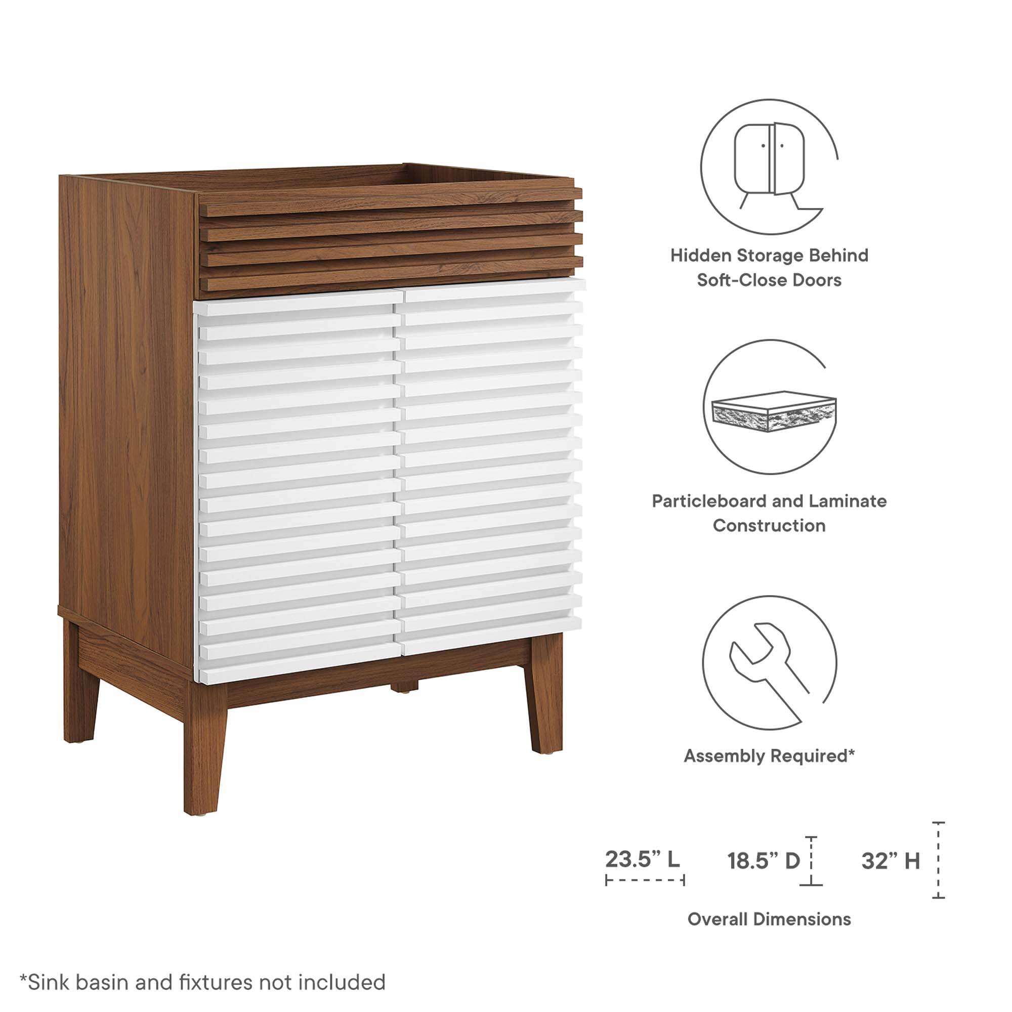Hidden Storage Behind Soft-Close Doors  
Particleboard and Laminate Construction  
Assembly Required*  

23.5" L x 18.5" D x 32" H  
Overall Dimensions  

*Sink basin and fixtures not included