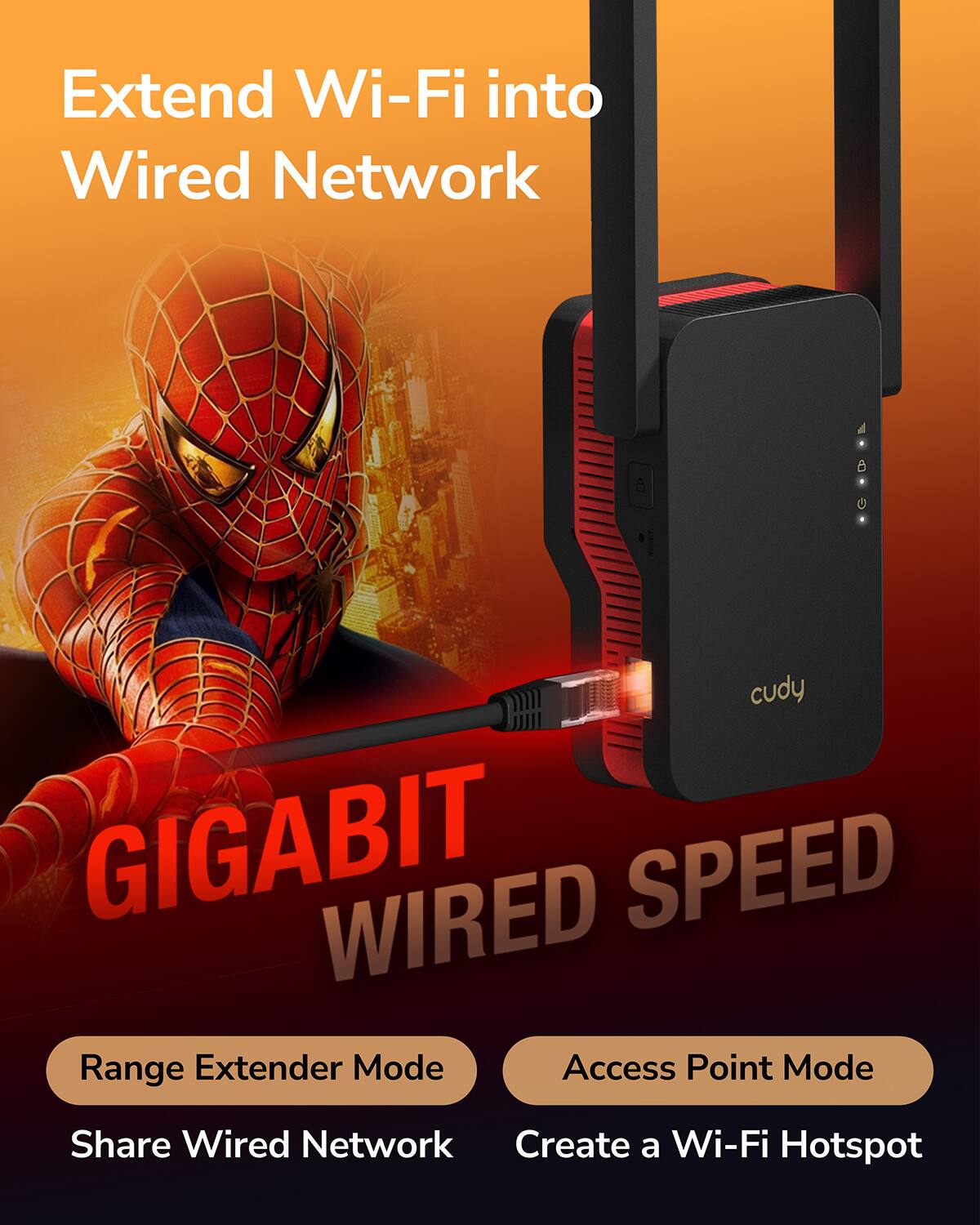 Extend Wi-Fi into Wired Network cudy GIGABIT WIRED SPEED Range Extender Mode Access Point Mode Share Wired Network Create a Wi-Fi Hotspot