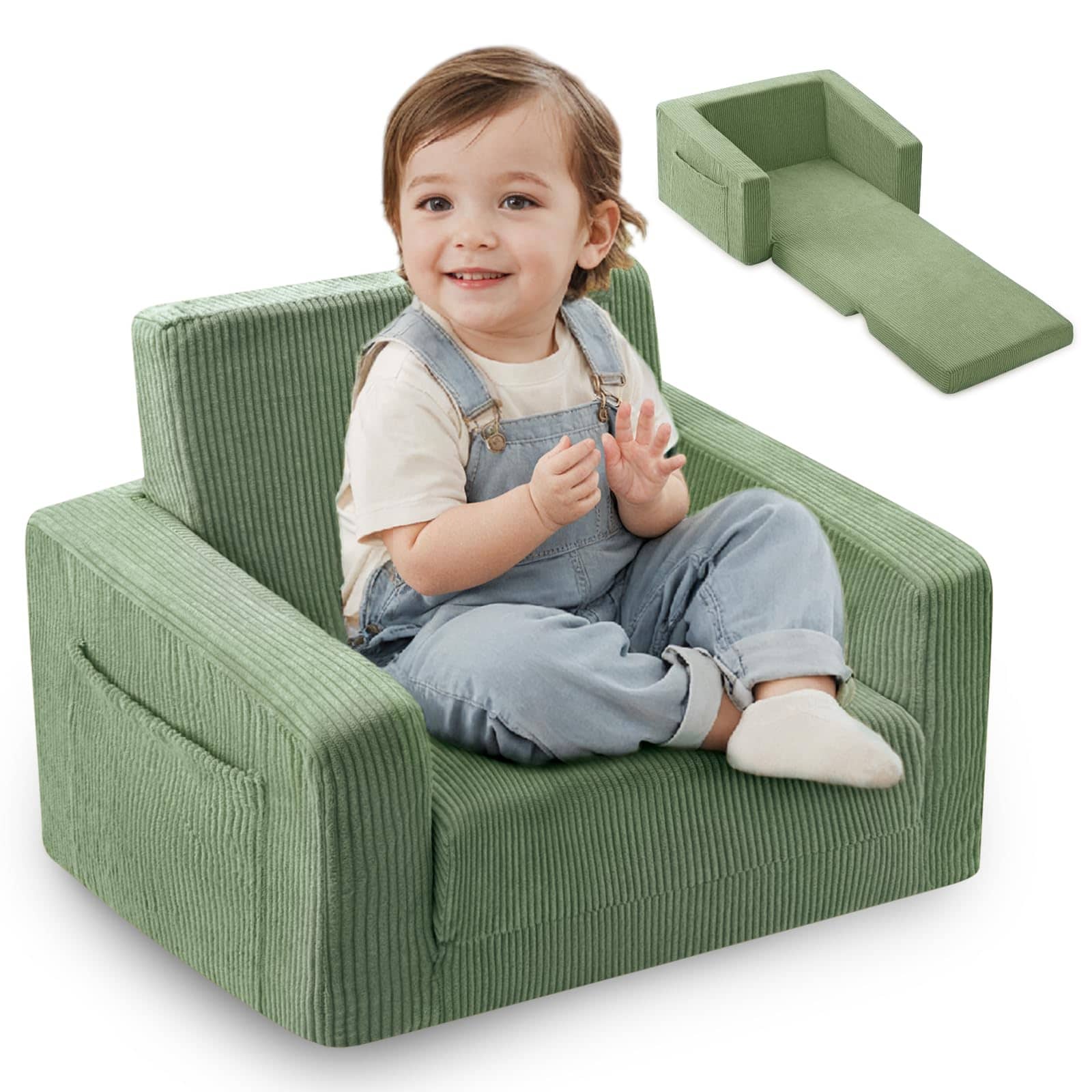 PO3TICJUNKI3 - Toddle Chair 2 in 1 Soft Couches That Fold Out Chairs Comfy 1 3 Years Old Convertible Sofa To Lounge - Green