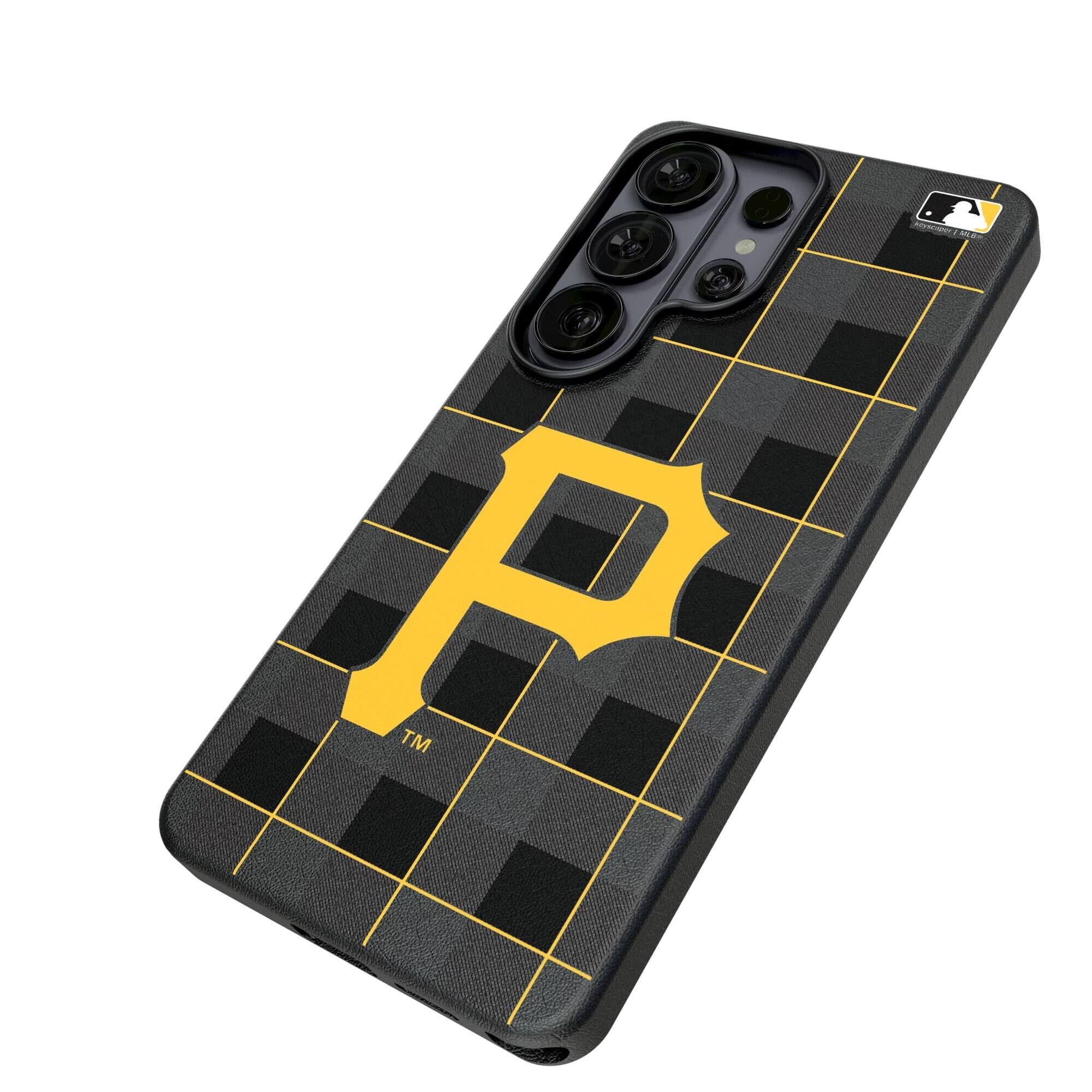 Alt View 1. Keyscaper - Pittsburgh Pirates Plaid Galaxy Magnetic Bump Case - S26 Ultra - Black.