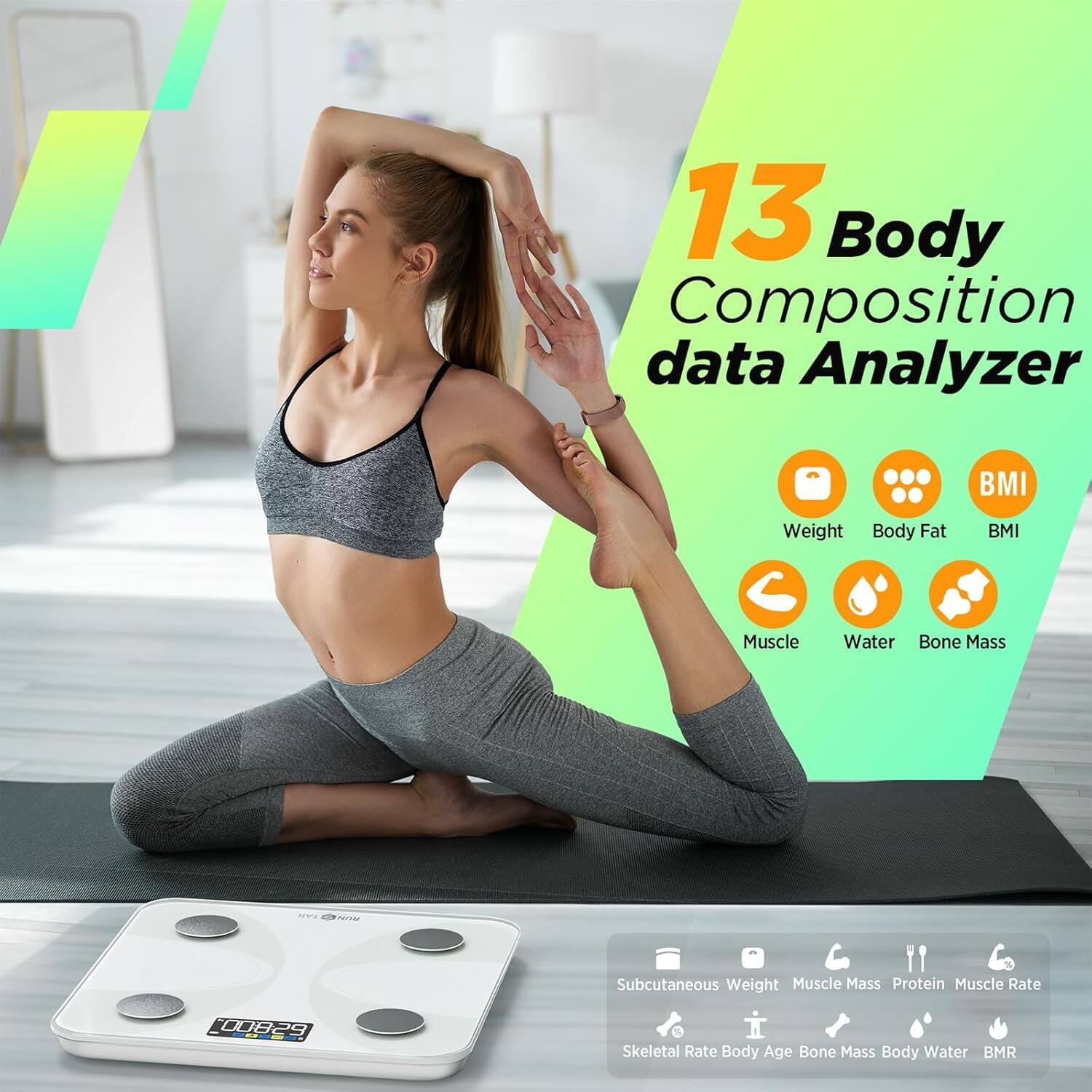 13 Body Composition data Analyzer

BMI
Weight Body Fat
BMI
Muscle
Water Bone Mass
TAR
ATOW
Subcutaneous Weight Muscle Mass Protein Muscle Rate
00:829 2019 WINES
Skeletal Rate Body Age Bone Mass Body Water BMR