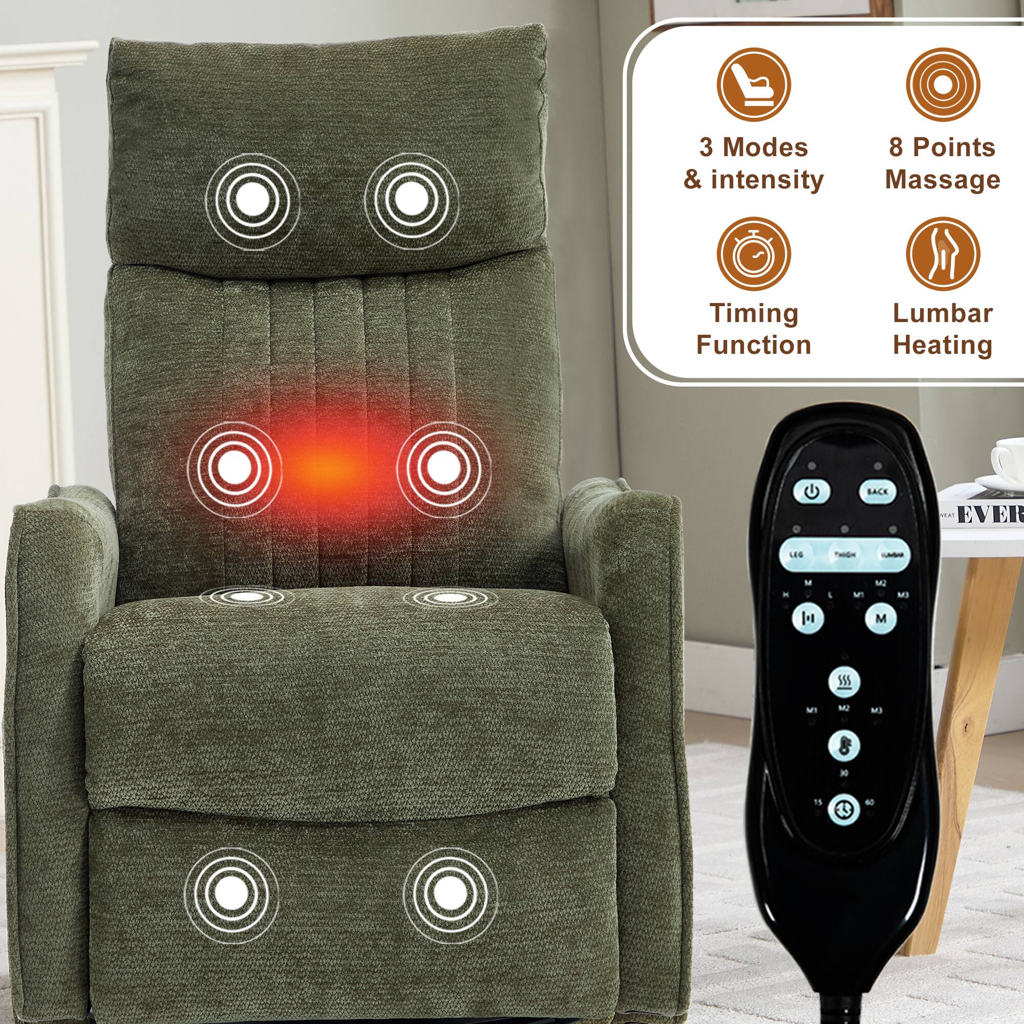 3 Modes & intensity  
8 Points Massage  
Timing Function  
Lumbar Heating
